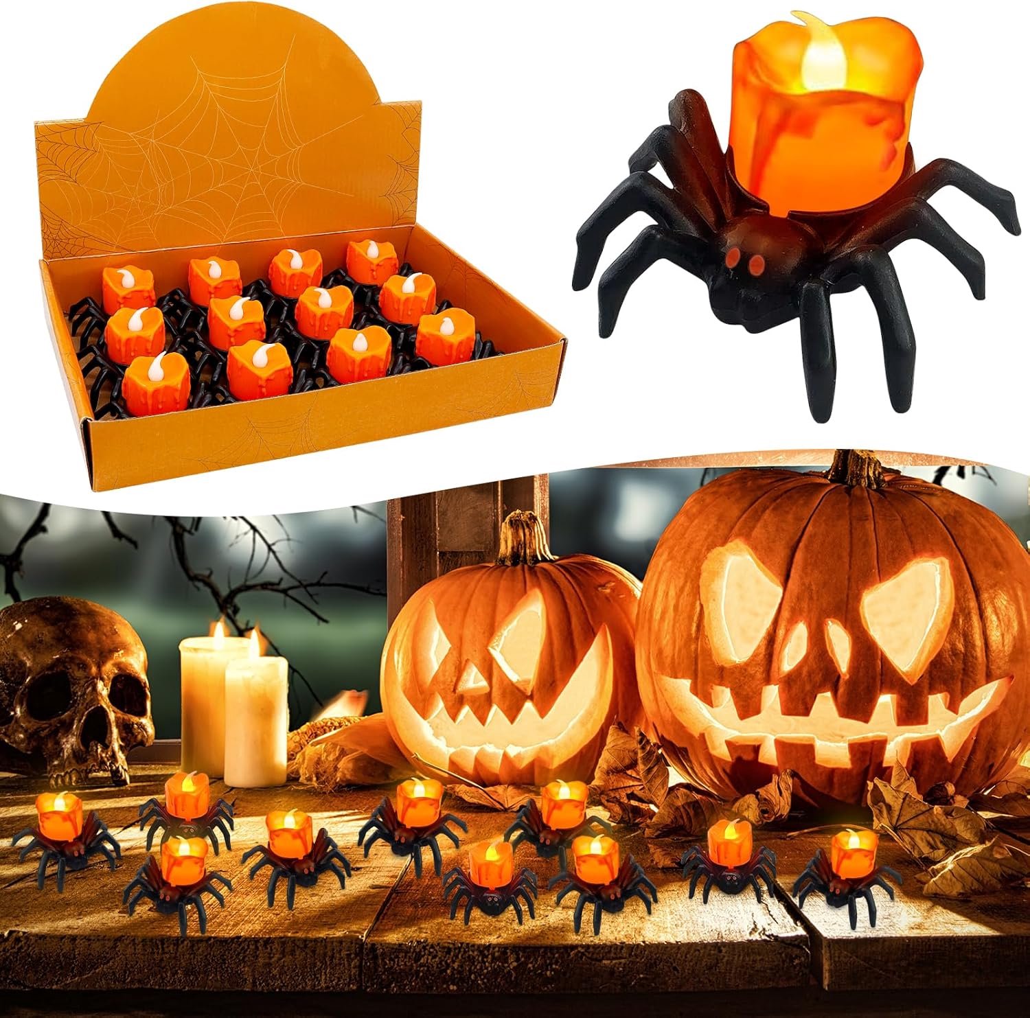 KOIROI Halloween Spider Candle Light 12 Pieces Halloween LED Candles, Pumpkin Tea Lights Candles, Halloween Decoration - ShopVlot