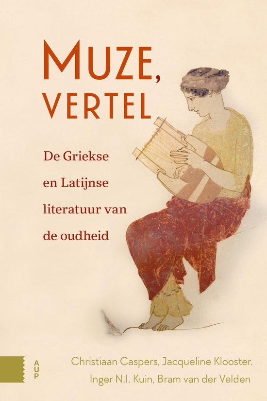 Boekomslag met een illustratie van een vrouw die op een lier speelt, getiteld "Muze, vertel" over Griekse en Latijnse literatuur.