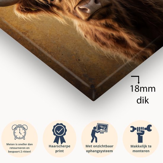 Detail van canvas schilderij, 18mm dik, met iconen voor 'Haarscherpe print' en 'Met onzichtbaar ophangsysteem'.