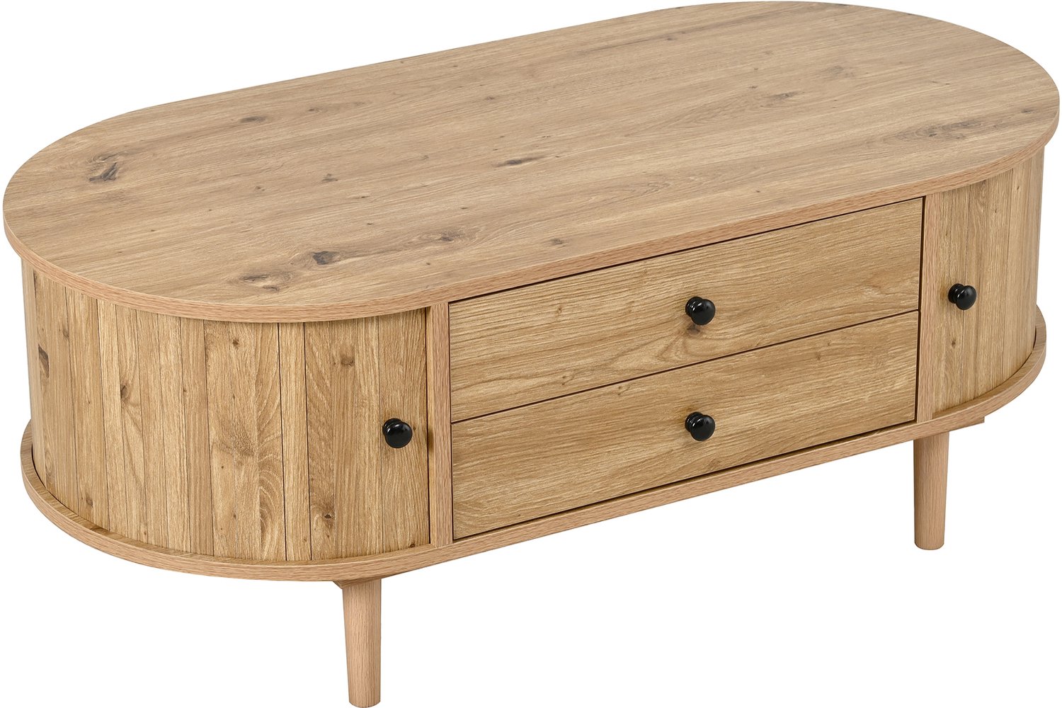 SONNENH Ovale salontafel met 2 laden en schuifdeuren - Eikenlook - 100 x 50 cm