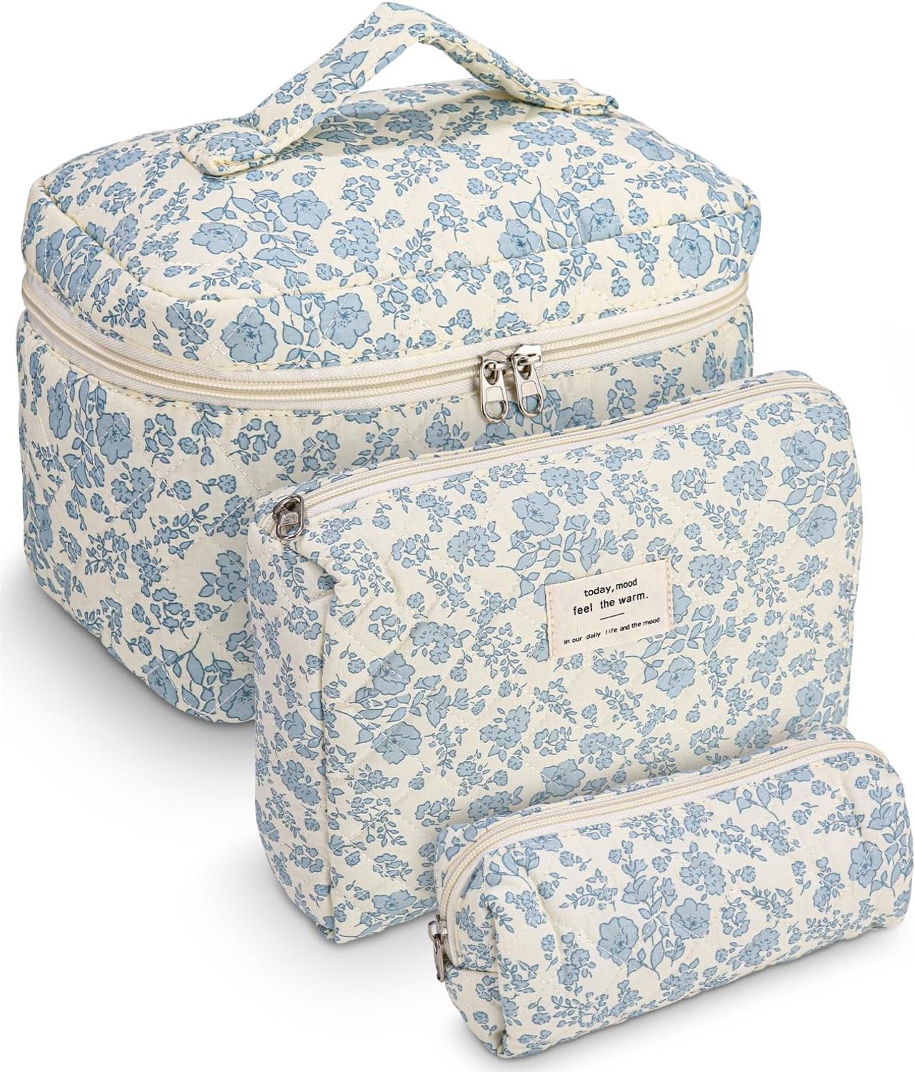 SnelShoppen - Set van 3 Bloemen Make-up Toilettassen, Elektronische Accessoires, Blauw, Hoogwaardige Katoen, Duurzame Ritsen, Ideaal voor Reizen en Da