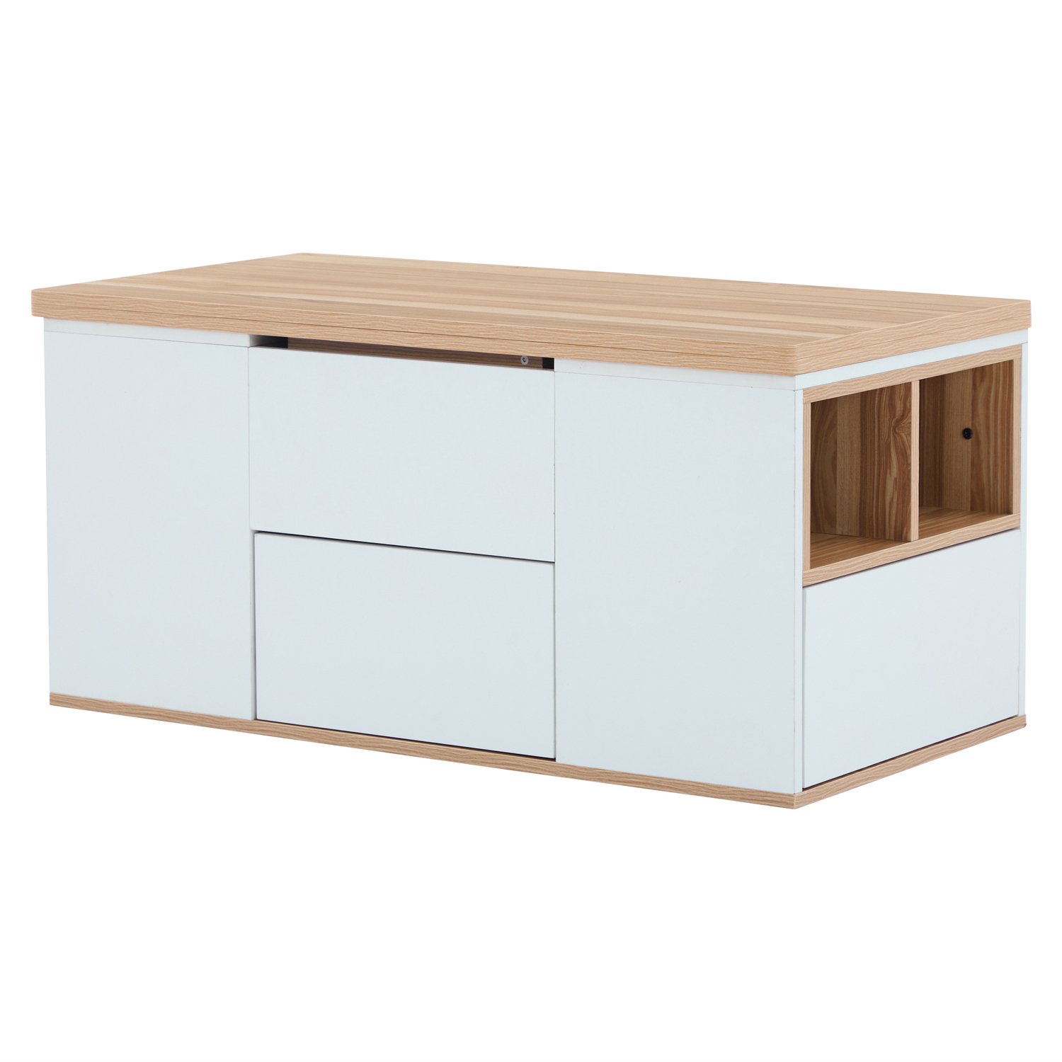 SONNENH Lift-up salontafel met uitklapbaar blad en opbergruimte - 100 x 51 cm - Wit en houtlook