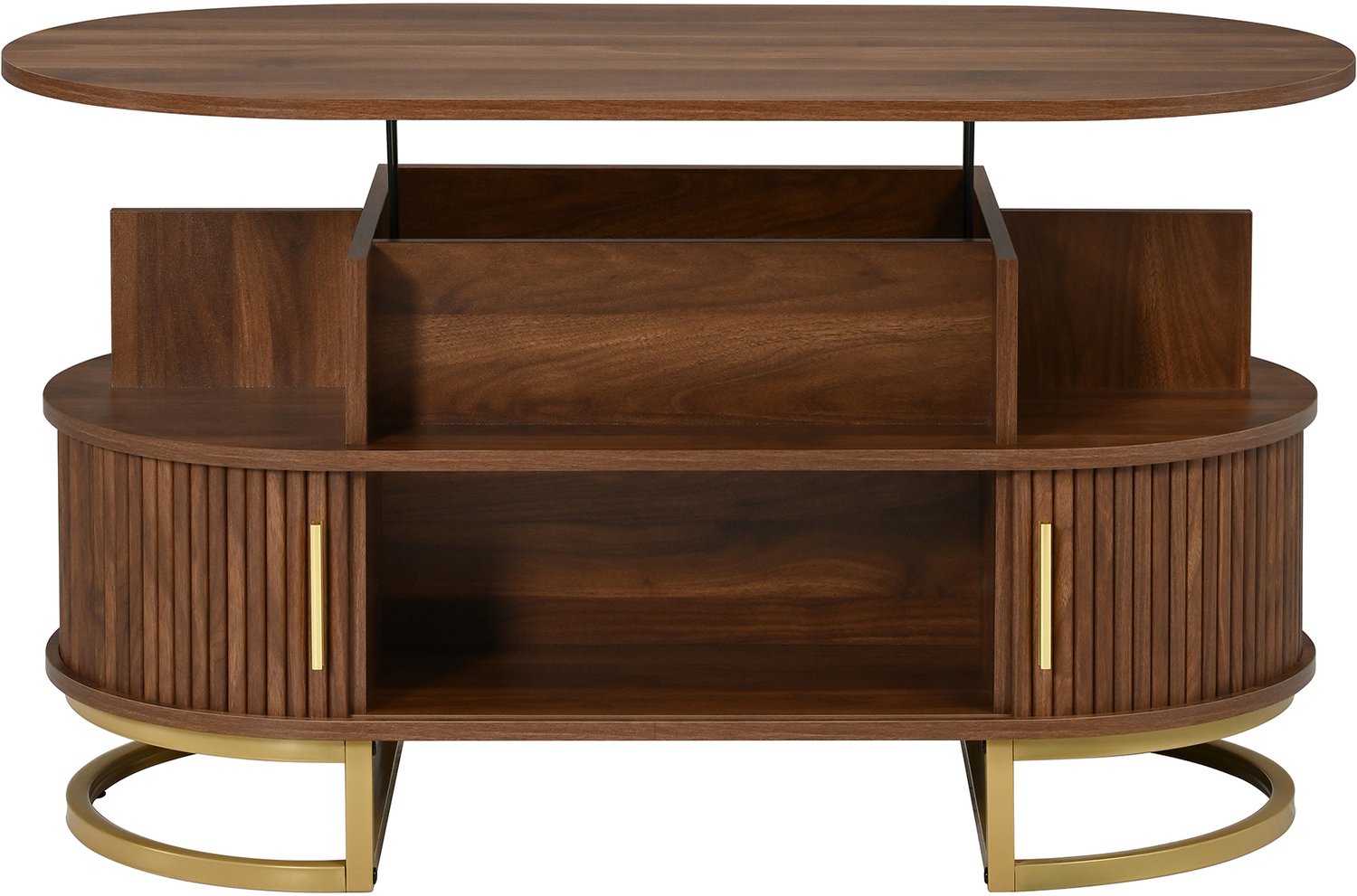 SONNENH Ovale salontafel met liftblad en schuifdeuren - Walnootlook en goudkleurig frame - 100 x 50 cm