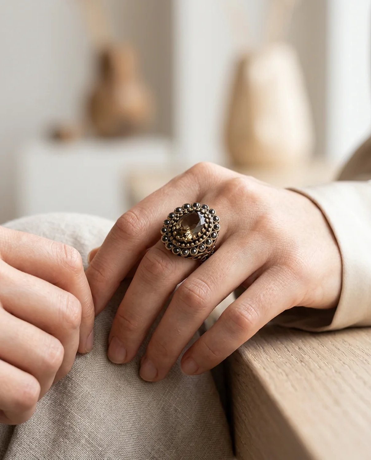Dorvina Brons Vintage Dames Ring Authentiek Koper met Markasiet Zultaniet Steen Ovaal Verstelbaar