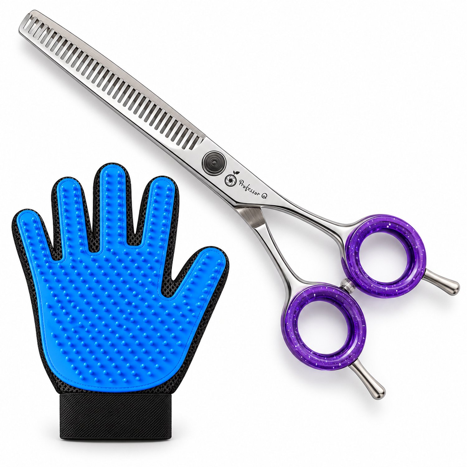 Professor Q Hondentrimset - Effileerschaar 18,5 cm Paars - Vachthandschoen Blauw - 2-delig