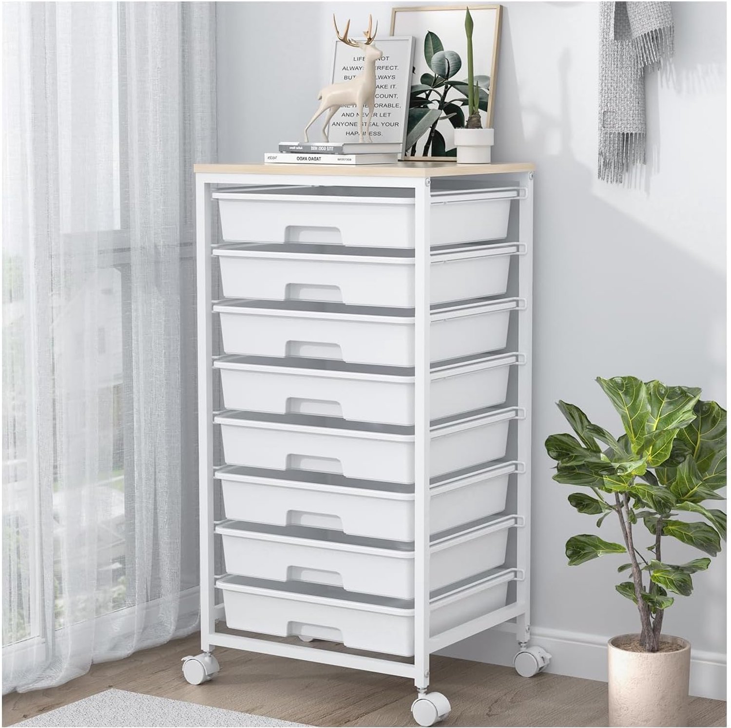 SnelShoppen - Badkamer Roll Trolley met 8 Lades - Rolcontainer met Houten Bovenblad voor Woonkamer, Slaapkamer, Kantoor - Grote Capaciteit, Wit, Multi