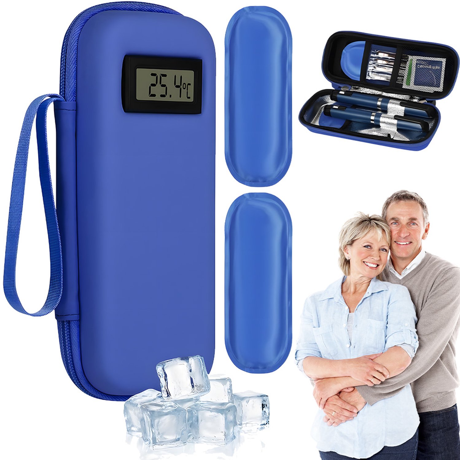 Insulinekoelbox - Insuline Koeltas - Draagbaar Insuline Etui - Digitale Temperatuur - Medicijnopberger - 21,5x9x5,8cm - 2 Herbruikbare Koelelementen - Voor Diabetes - Compact - Voor Reis & Woon-werk & Korte trips - Blauw
