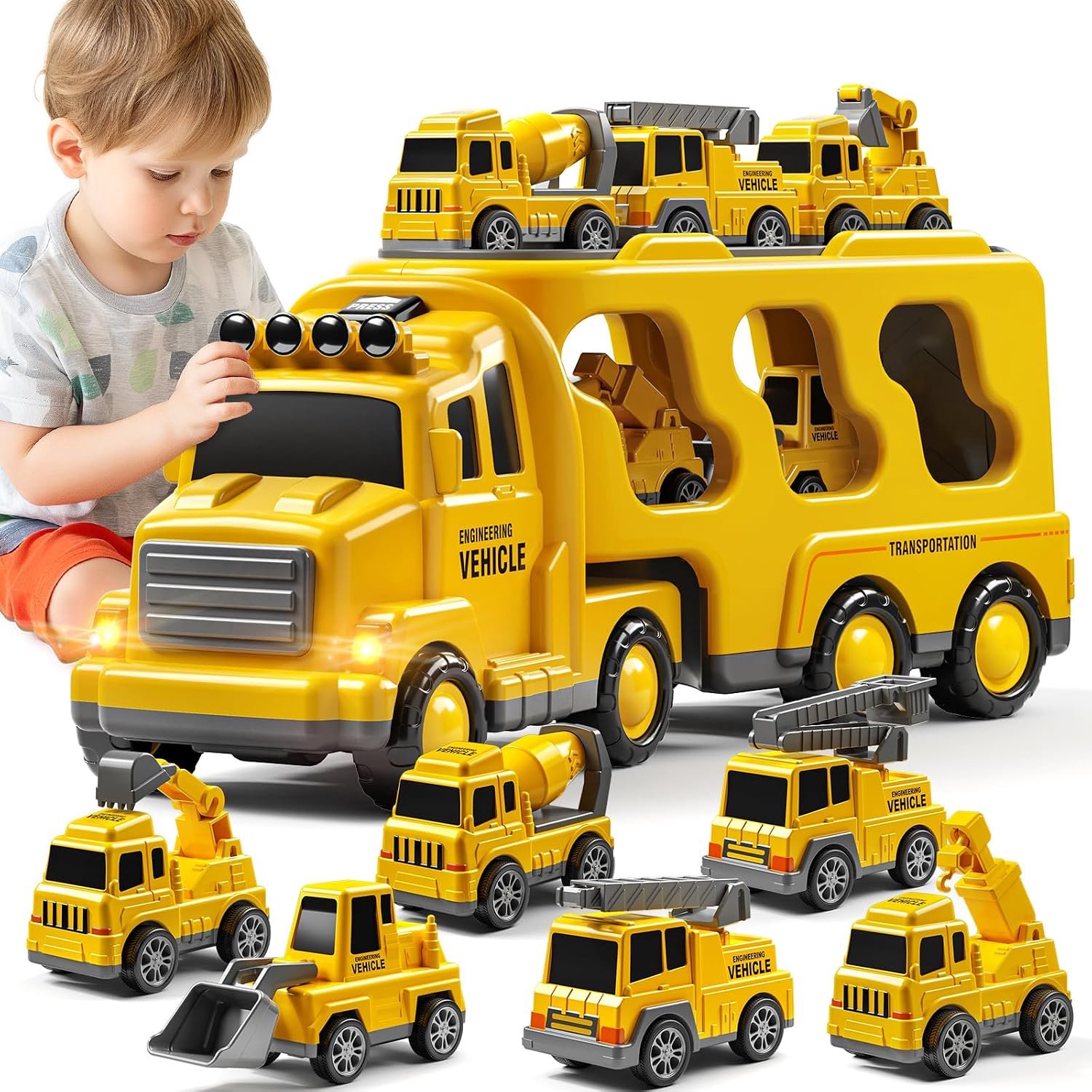 Bouwtruckset - Transportvoertuig - Constructie Bouwplaats Speelset - 7-in-1 Speelgoed Bouwvoertuigen - Vrachtwagen & Graafmachine - Licht & Geluid - Traagheidsaandrijving - Educatief Speelgoed - Voor Kinderen 3-7 Jaar