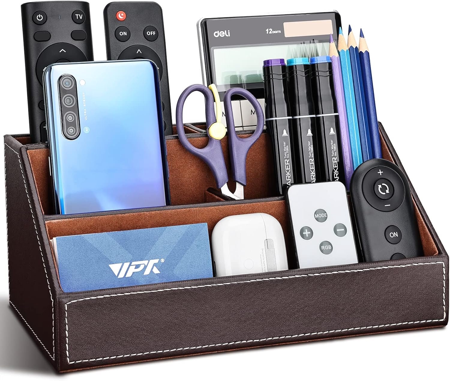 SnelShoppen - Multifunctionele Bureau Organizer - Pennenhouder - Desk Organizer PU Leer - Bruin - 5 Compartimenten - Kantooraccessoires