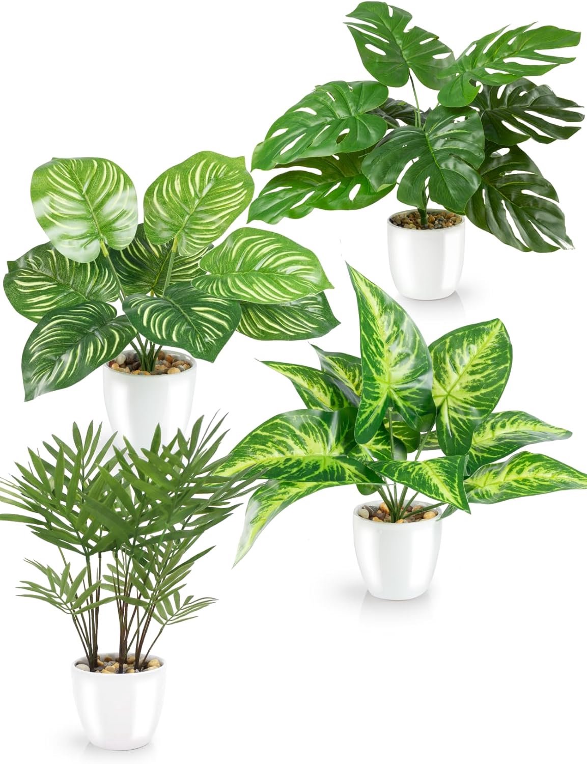 SnelShoppen - Set van 4 Tropische Kunstplanten 25 cm in Witte Keramische Potten - Monstera, Areca Palm en Meer - Kunstplanten voor Thuis, Werkplek en