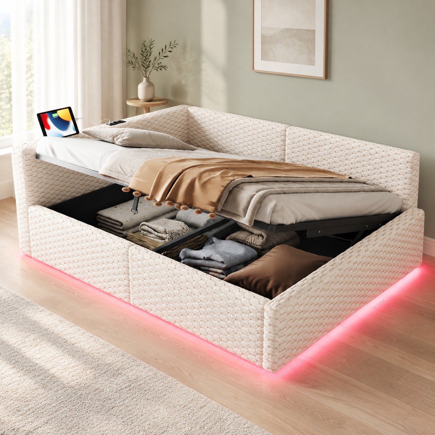 MIVRAY Gestoffeerd Bed 140x200 cm - Met LED, USB en USB C - Met Opbergruimte en L Vormige Rugleuning - Fluweel - Beige