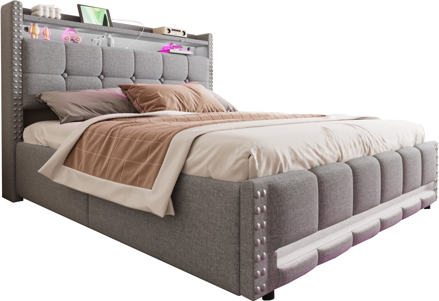 MUVANO Gestoffeerd bed 160 x 200 cm - tweepersoonsbed met ledverlichting, usb-aansluiting en opbergruimte - lichtgrijze linnen bekleding Lichtgrijs