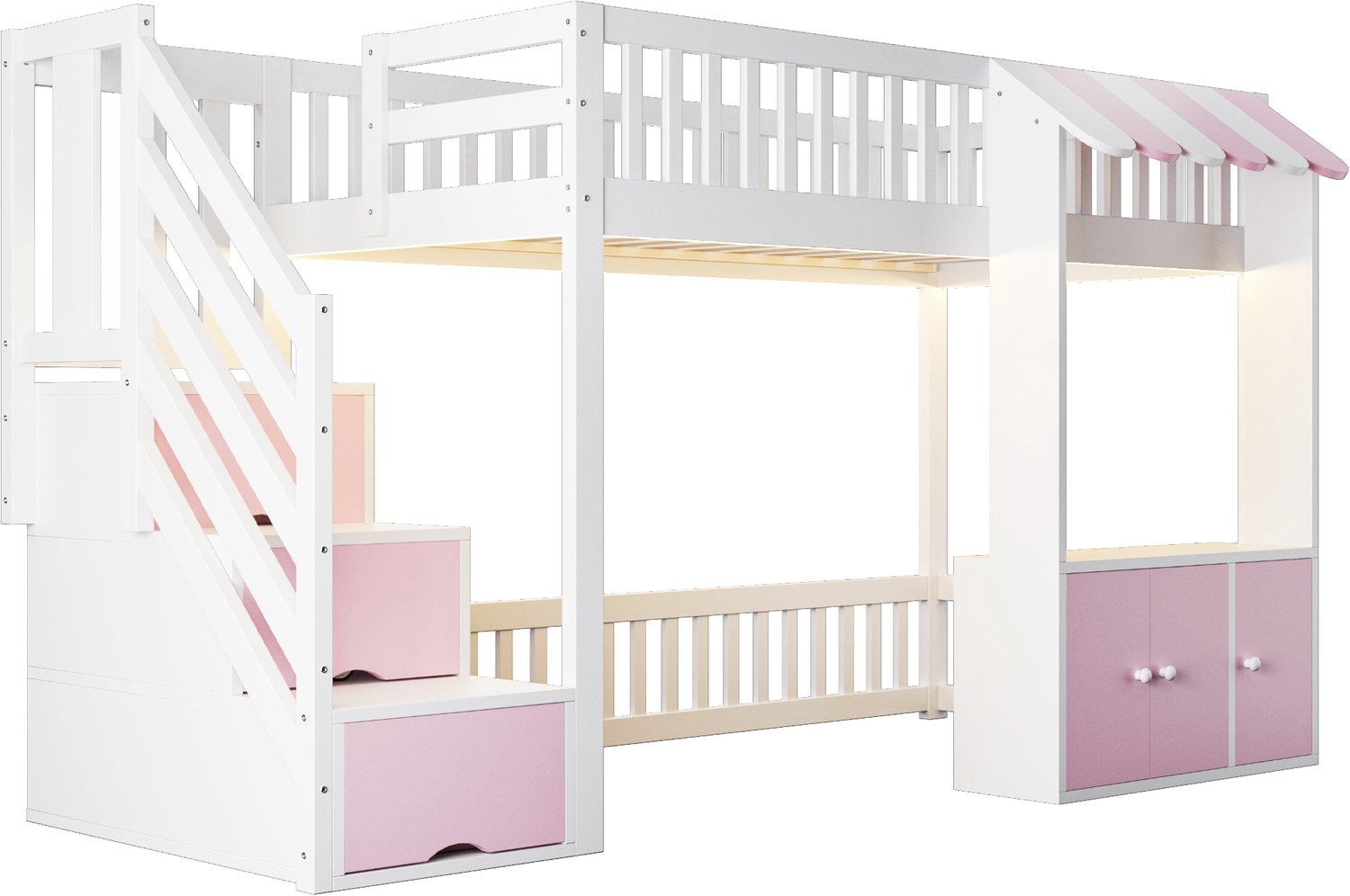 MUVANO Houten hoogslaper 90x200 - opbergtrap met drie vakken - opbergkast - meerkleurige ledverlichting - lattenbodem - speelruimte - roze wit