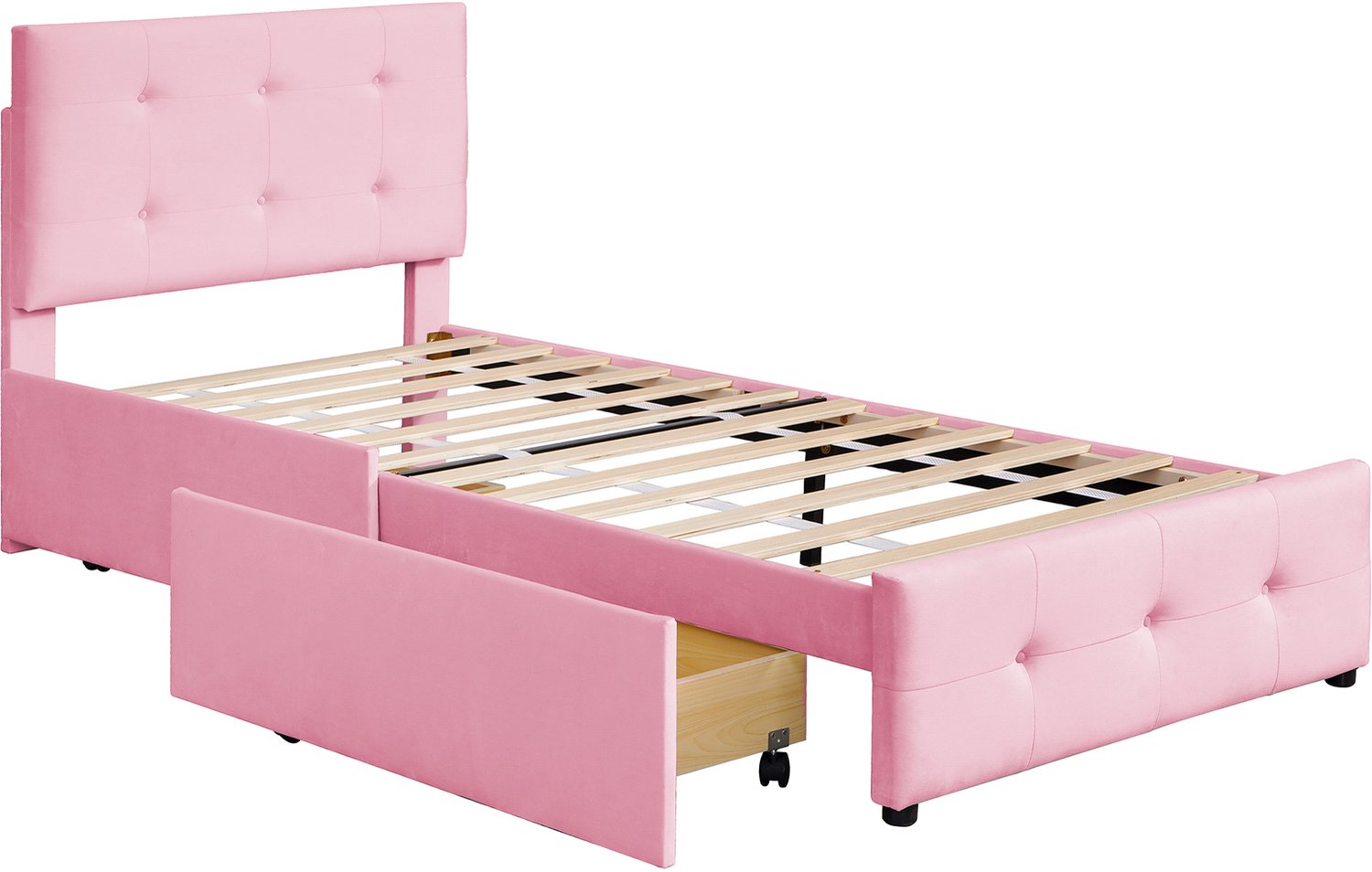 MUVANO Gestoffeerd bed 90x200 cm - Eenpersoonsbed met lades - Lattenbodem en hoofdbord - Fluwelen bekleding - Voor kinder- en logeerkamer - Roze