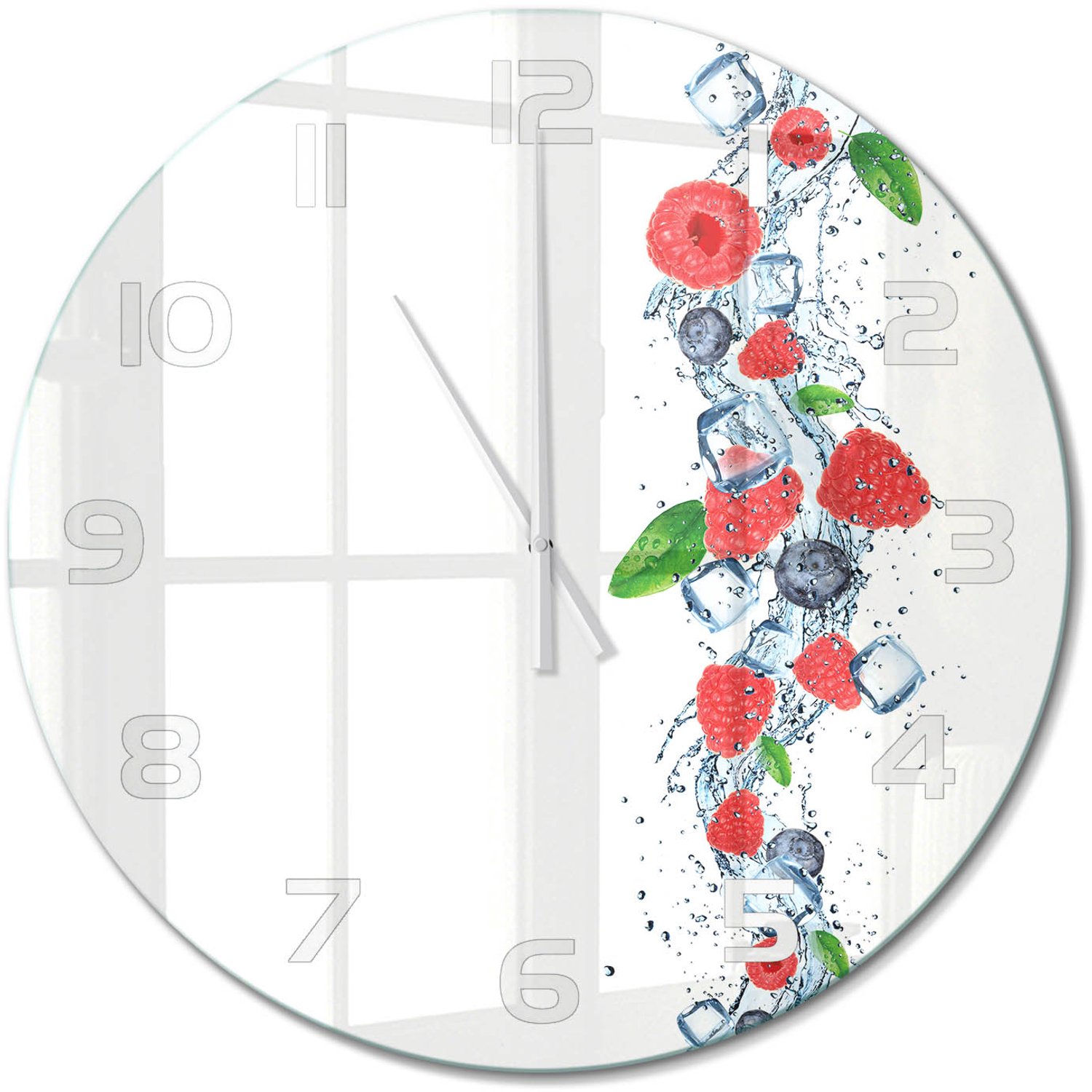 TULUP Wandklok - Bosvruchten met ijs Wandklok Glas Met Motief - fi60 cm - Rood Decoratieve Glazen Klok - Witte handen - Ronde Klok - Gekleurde Glazen Klok - Glazen Klok Met Print
