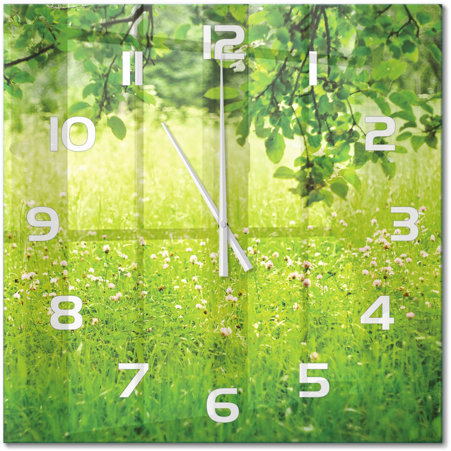 TULUP Wandklok - Groene weide Gekleurde Glazen Klok - 60x60 cm - Groente Glazen Klok Met Print - Witte handen - Vierkante Klok - Moderne Wandklok Glas - Wandklok Glas Decoratie