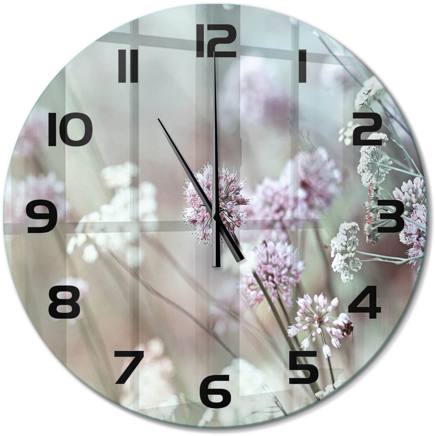 TULUP Wandklok - Wilde bloemen Klok Glas Met Opdruk - fi60 cm - Wit Moderne Wandklok Glas - Zwarte handen - Ronde Klok - Decoratieve Glazen Klok - Glazen Wandklok Design