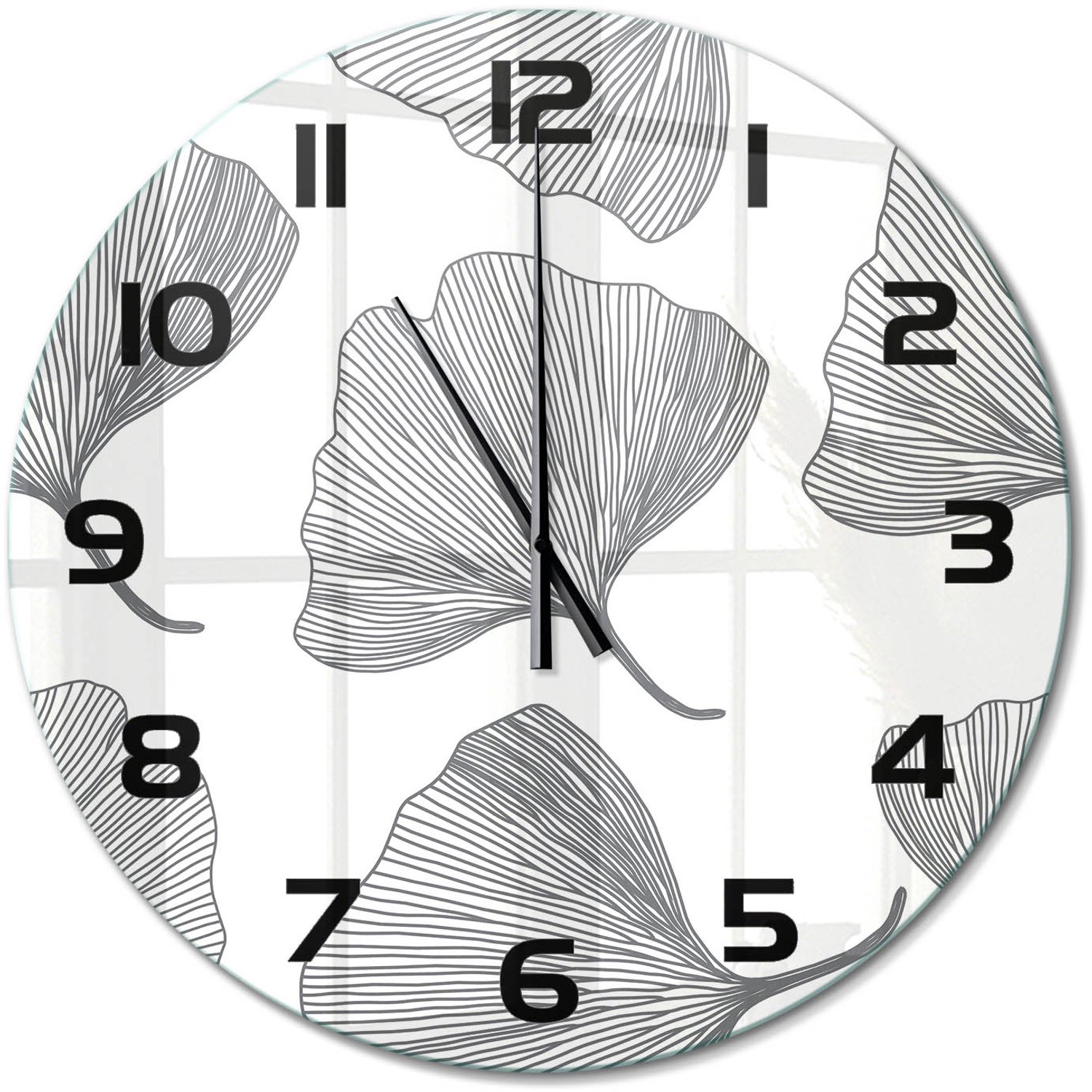 TULUP Wandklok - Ginkgo Moderne Wandklok Glas - fi60 cm - Zwart-wit Wandklok Glas Decoratie - Zwarte handen - Ronde Klok - Glazen Wandklok Design - Klok Glas Met Opdruk