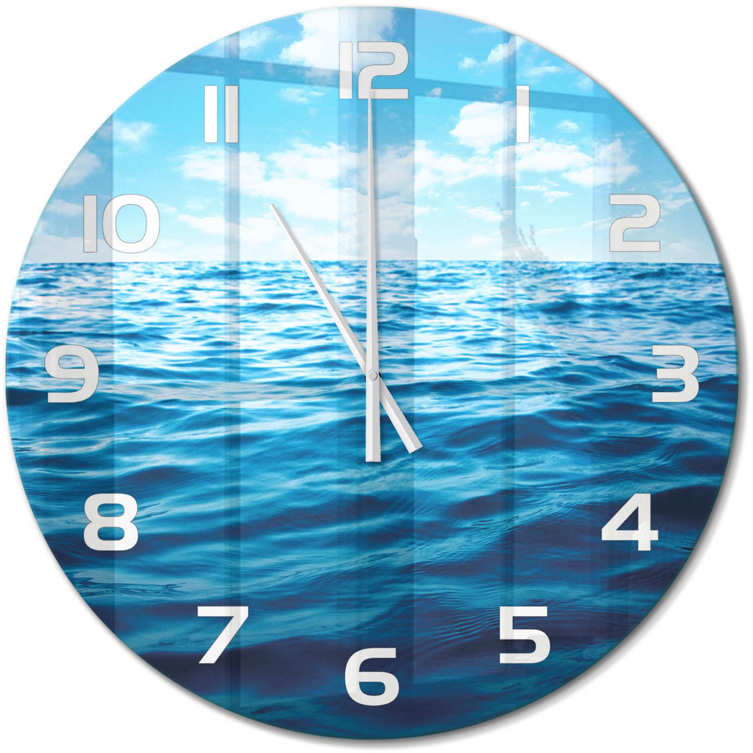TULUP Wandklok - Zeewater Glazen Klok Met Print - fi60 cm - Blauw Wandklok Glas Met Motief - Witte handen - Ronde Klok - Wandklok Glas Decoratie - Gekleurde Glazen Klok