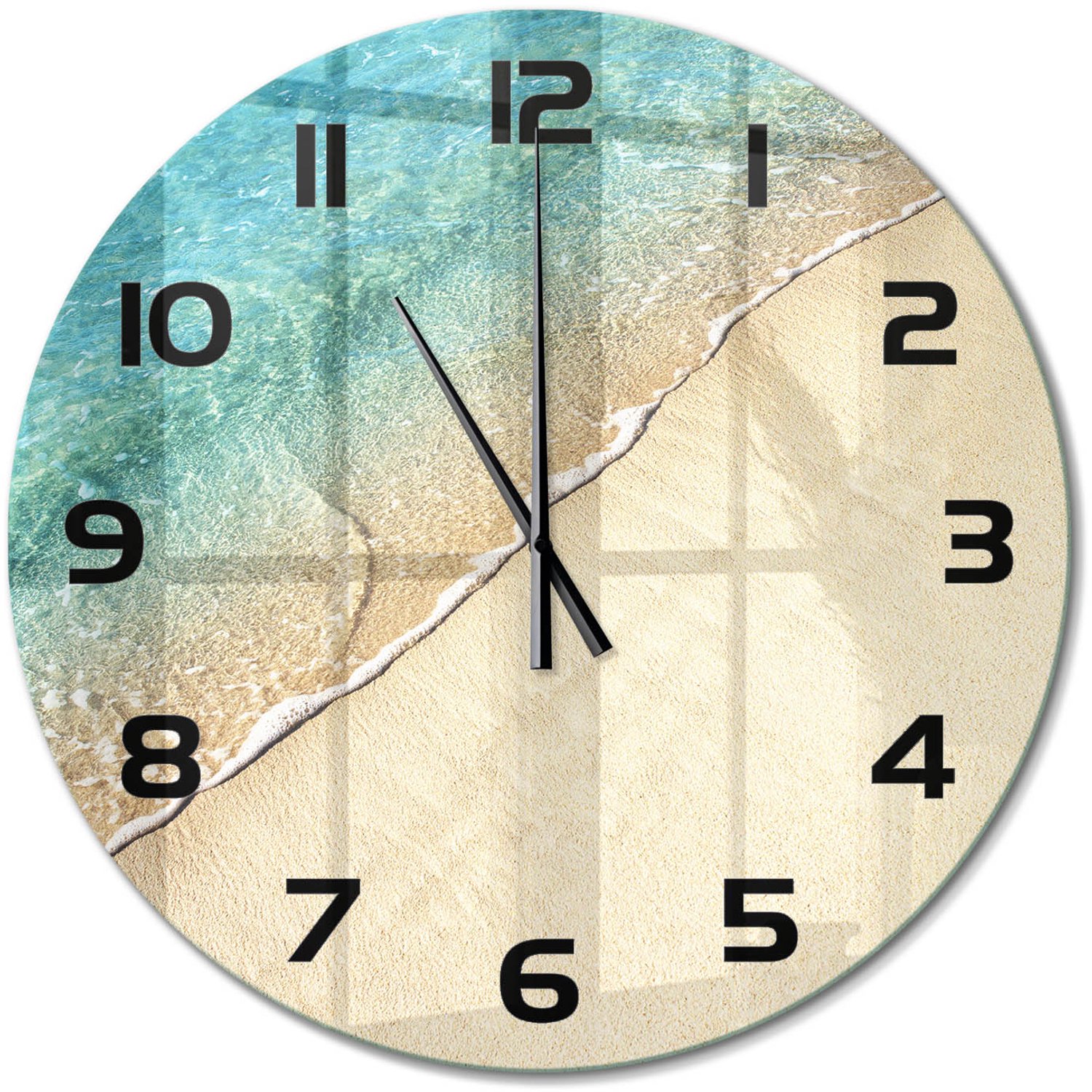 TULUP Wandklok - Golf op het strand Glazen Klok Met Print - fi60 cm - Blauw Wandklok Glas Met Motief - Zwarte handen - Ronde Klok - Wandklok Glas Decoratie - Gekleurde Glazen Klok