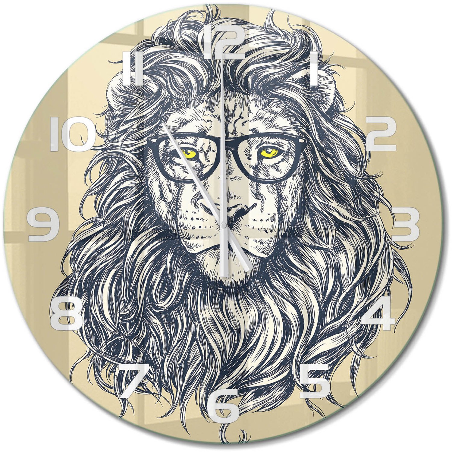TULUP Wandklok - Hipster Leeuw Klok Glas Met Opdruk - fi60 cm - Beige Moderne Wandklok Glas - Witte handen - Ronde Klok - Decoratieve Glazen Klok - Glazen Wandklok Design