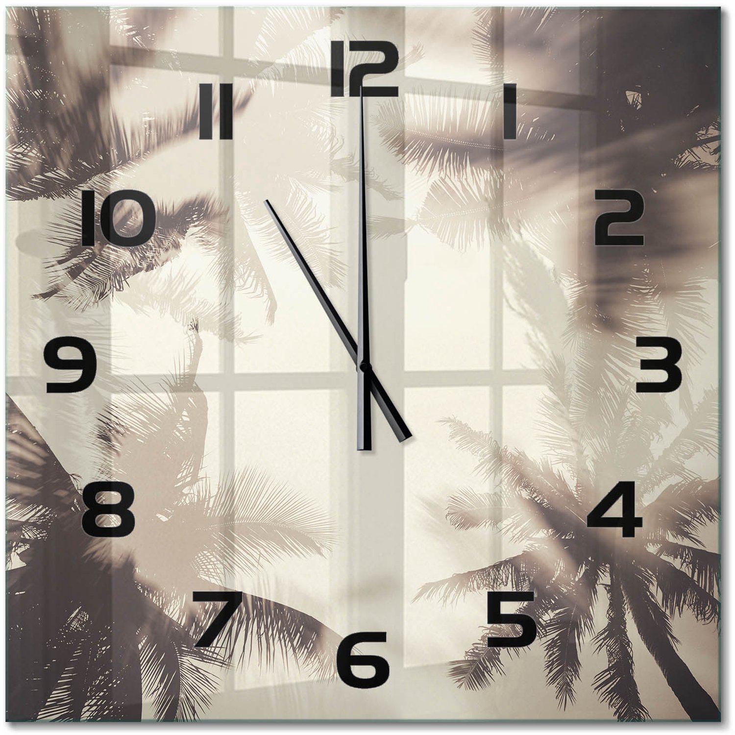 TULUP Wandklok - Palmbomen Glazen Klok Met Print - 60x60 cm - Beige Wandklok Glas Met Motief - Zwarte handen - Vierkante Klok - Wandklok Glas Decoratie - Gekleurde Glazen Klok