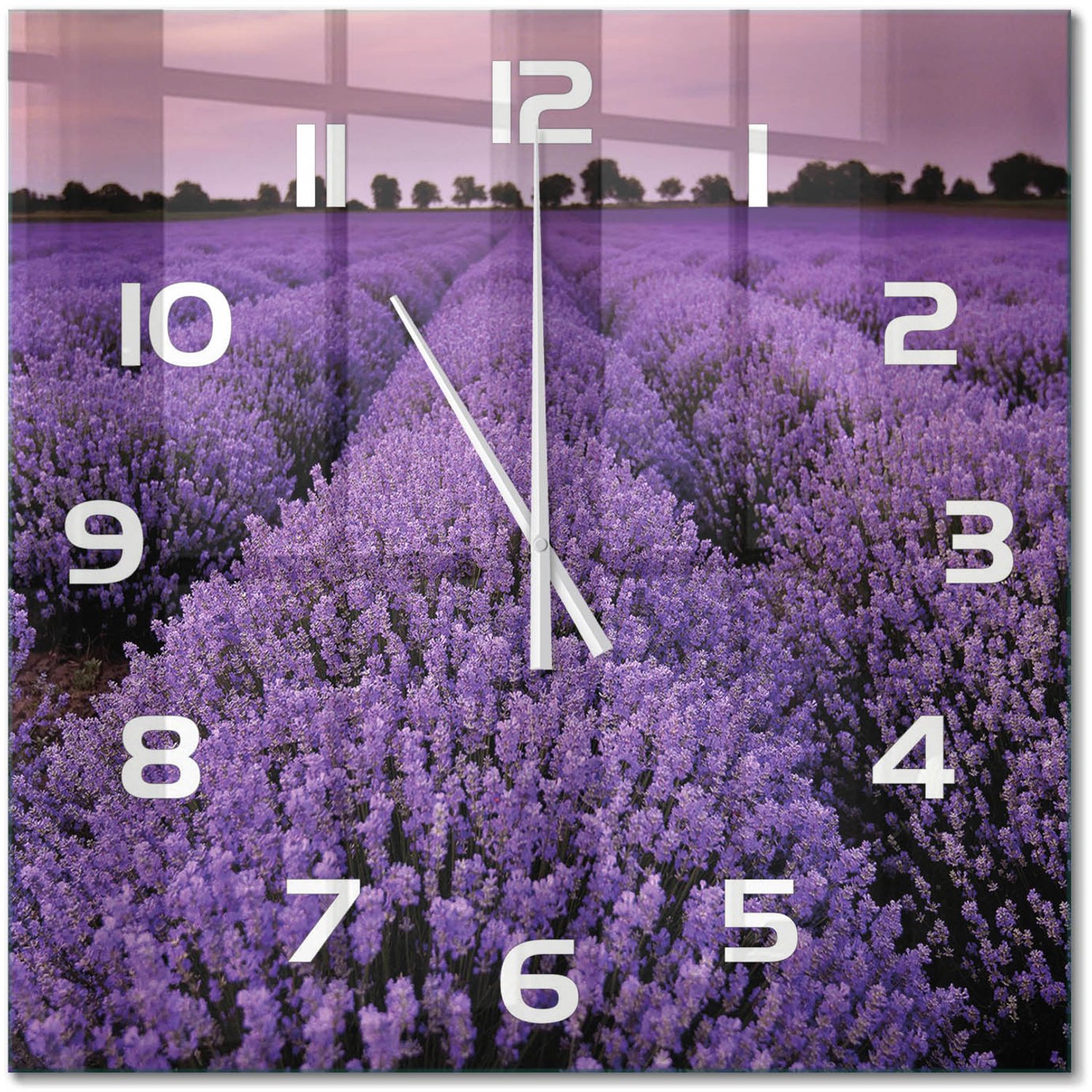 TULUP Wandklok - Lavendelveld Wandklok Glas Decoratie - 60x60 cm - Paars Gekleurde Glazen Klok - Witte handen - Vierkante Klok - Klok Glas Met Opdruk - Moderne Wandklok Glas