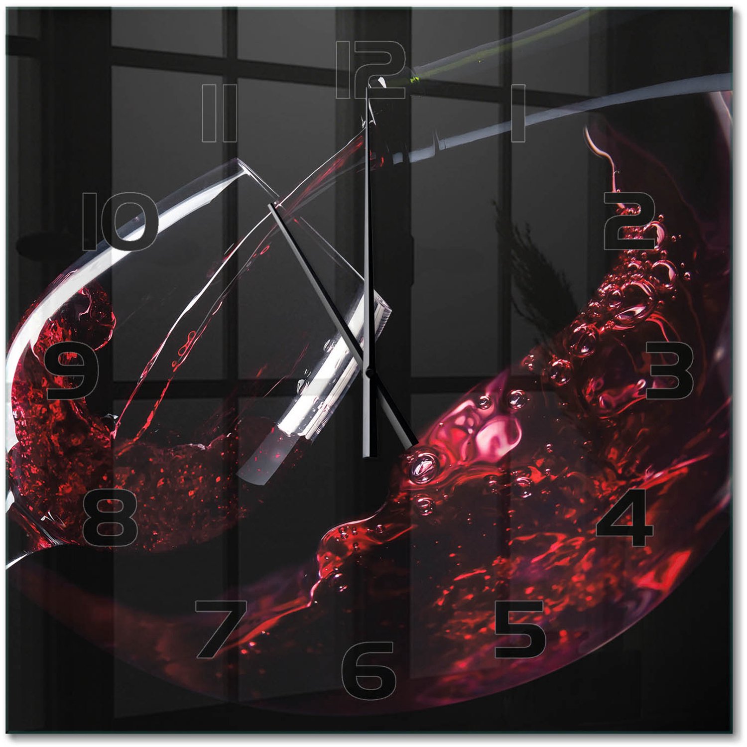 TULUP Wandklok - Rode wijn Decoratieve Glazen Klok - 60x60 cm - Rood Glazen Wandklok Design - Zwarte handen - Vierkante Klok - Glazen Klok Met Print - Wandklok Glas Met Motief