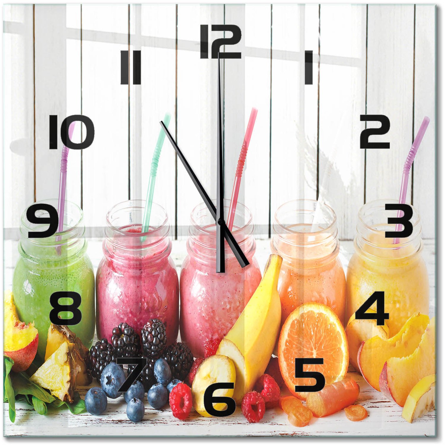 TULUP Wandklok - Fruitcocktails Decoratieve Glazen Klok - 60x60 cm - Veelkleurig Glazen Wandklok Design - Zwarte handen - Vierkante Klok - Glazen Klok Met Print - Wandklok Glas Met Motief