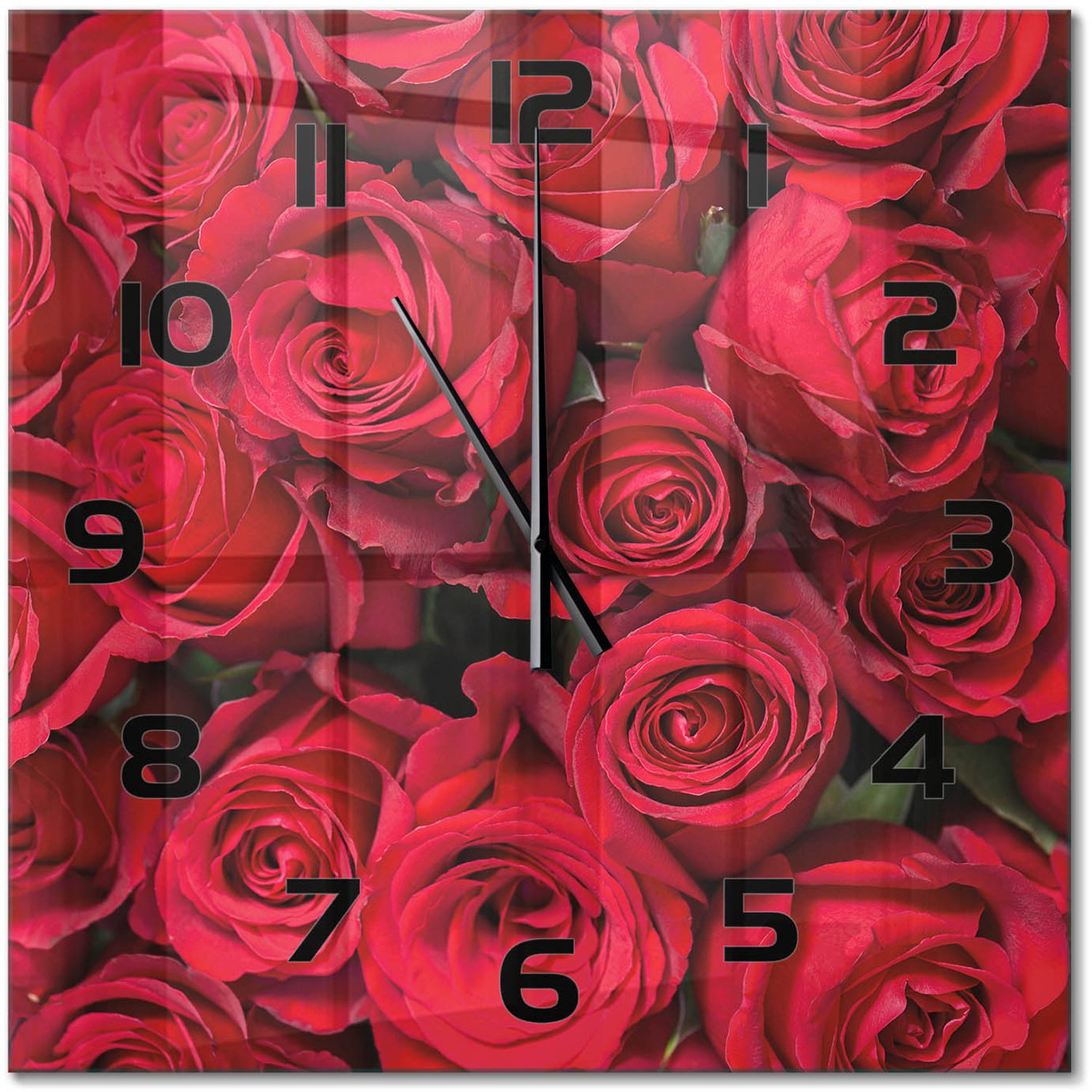 TULUP Wandklok - Rode rozen Decoratieve Glazen Klok - 60x60 cm - Rood Glazen Wandklok Design - Zwarte handen - Vierkante Klok - Glazen Klok Met Print - Wandklok Glas Met Motief