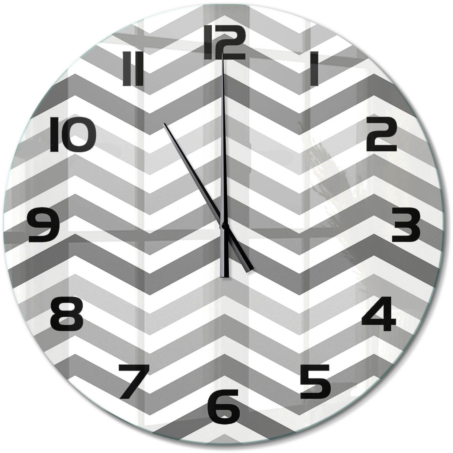 TULUP Wandklok - Grijze zigzag Klok Glas Met Opdruk - fi60 cm - Grijs Moderne Wandklok Glas - Zwarte handen - Ronde Klok - Decoratieve Glazen Klok - Glazen Wandklok Design