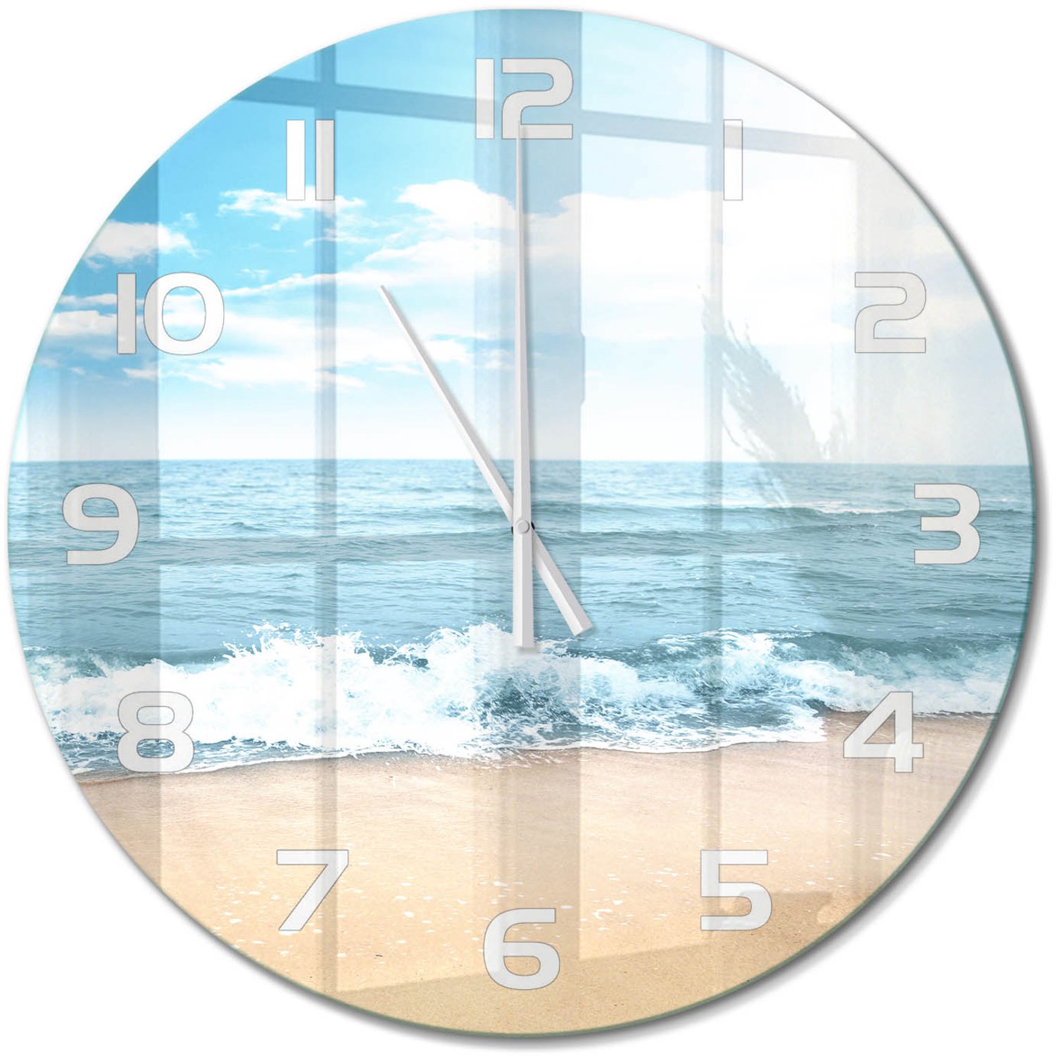 TULUP Wandklok - Strand Gekleurde Glazen Klok - fi60 cm - Blauw Glazen Klok Met Print - Witte handen - Ronde Klok - Moderne Wandklok Glas - Wandklok Glas Decoratie