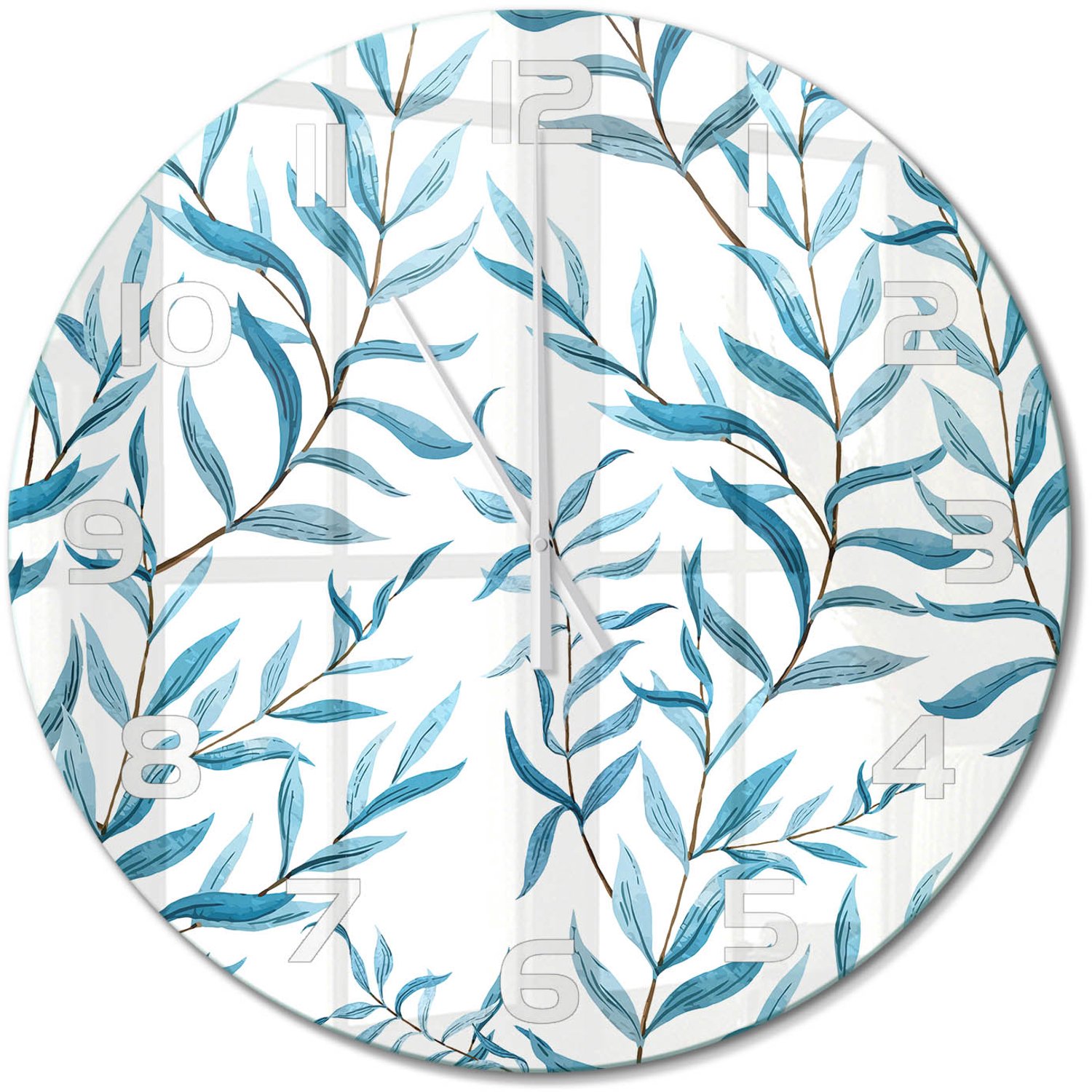 TULUP Wandklok - Bladeren Moderne Wandklok Glas - fi60 cm - Blauw Wandklok Glas Decoratie - Witte handen - Ronde Klok - Glazen Wandklok Design - Klok Glas Met Opdruk