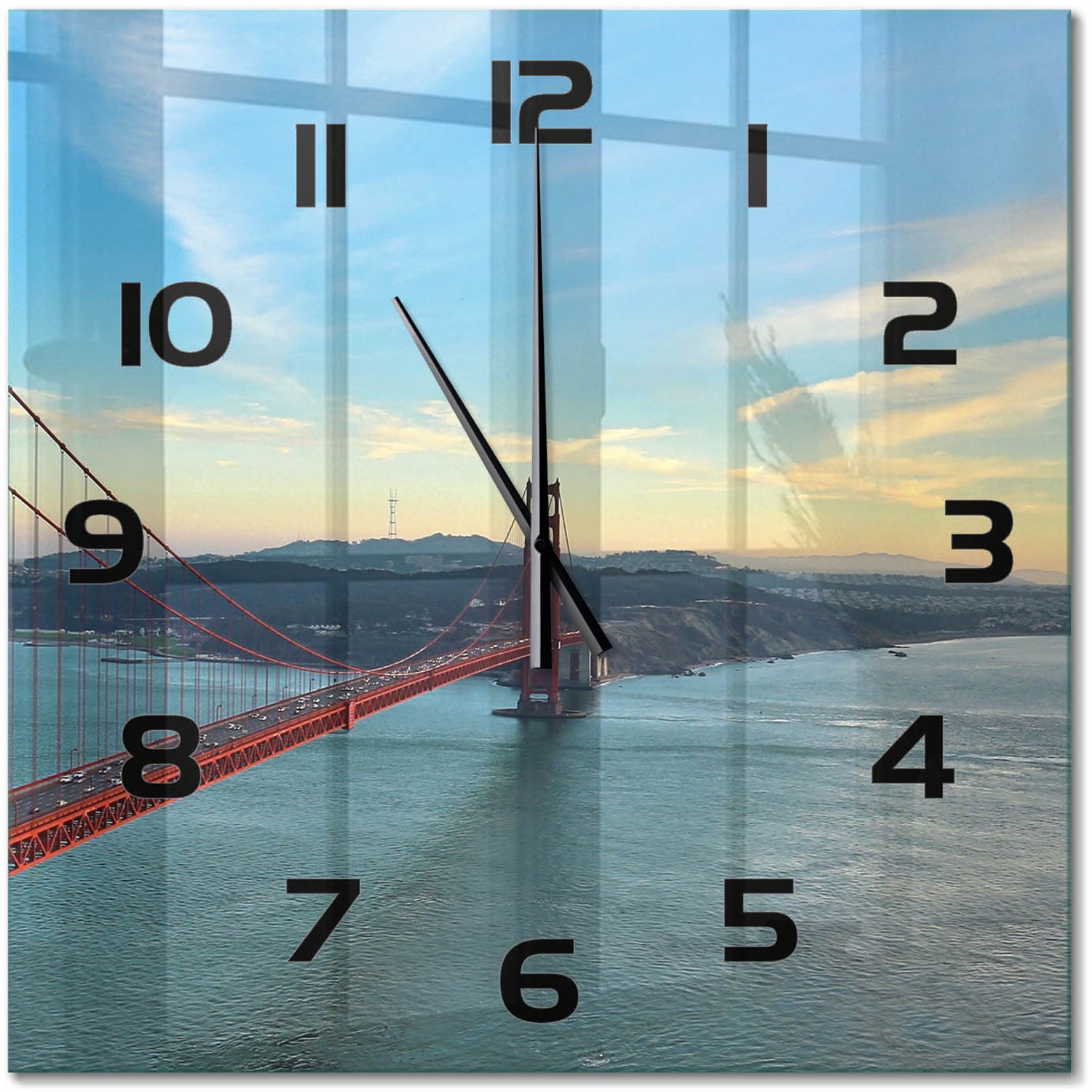 TULUP Wandklok - San Francisco-brug Moderne Wandklok Glas - 60x60 cm - Rood Wandklok Glas Decoratie - Zwarte handen - Vierkante Klok - Glazen Wandklok Design - Klok Glas Met Opdruk