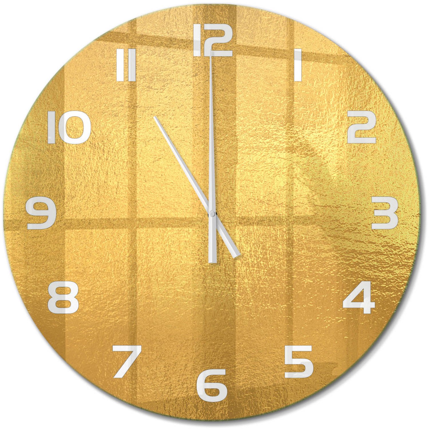 TULUP Wandklok - Achtergrond van goudfolie Glazen Wandklok Design - fi60 cm - Gouden Klok Glas Met Opdruk - Witte handen - Ronde Klok - Wandklok Glas Met Motief - Decoratieve Glazen Klok