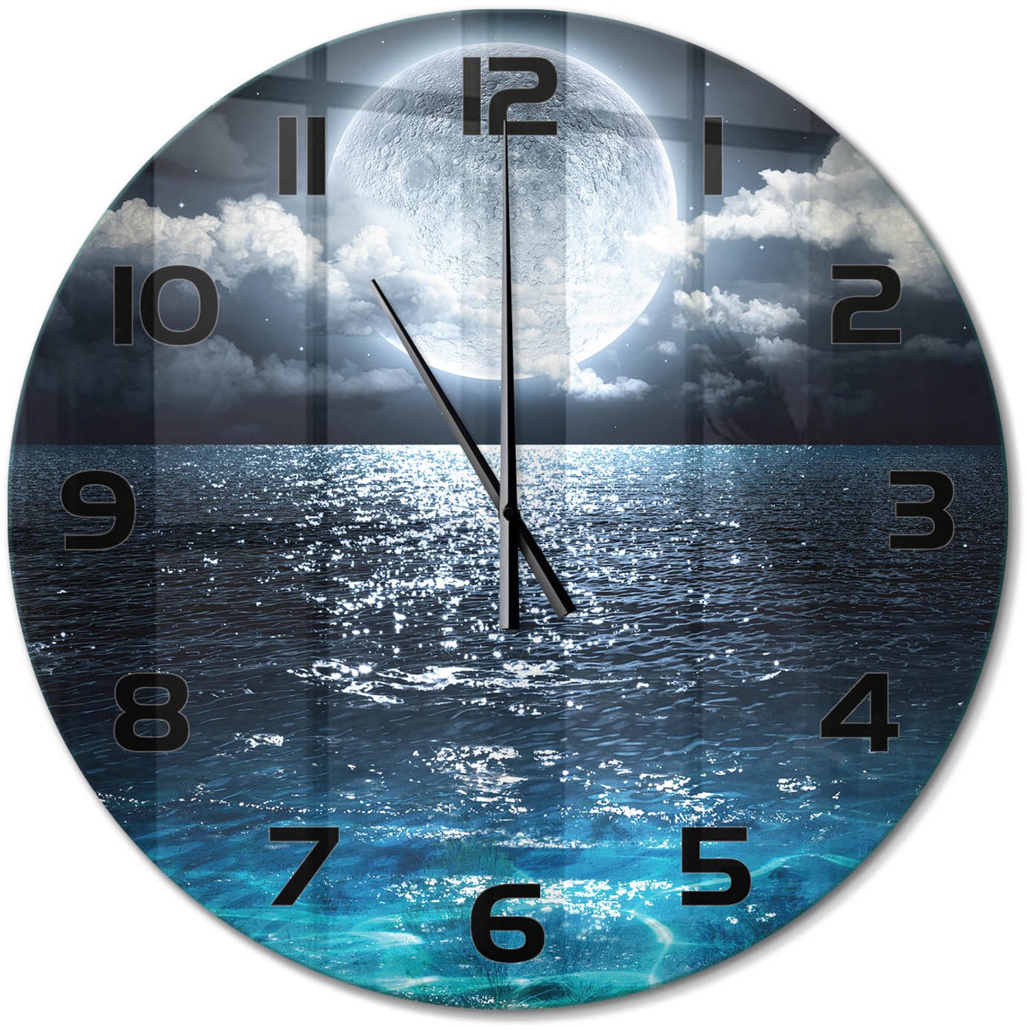 TULUP Wandklok - Volle maan Wandklok Glas Decoratie - fi60 cm - Blauw Gekleurde Glazen Klok - Zwarte handen - Ronde Klok - Klok Glas Met Opdruk - Moderne Wandklok Glas