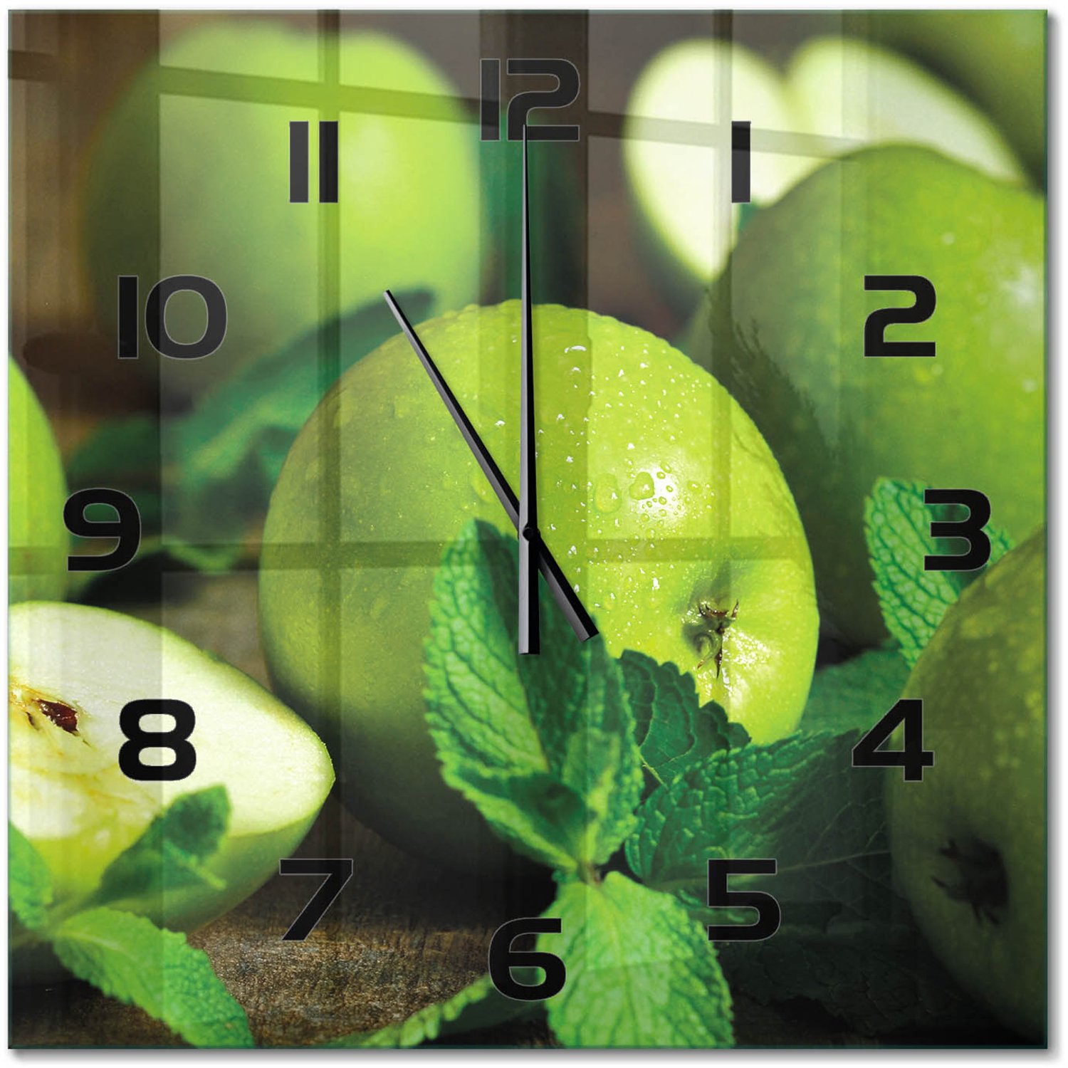 TULUP Wandklok - Groene appels Glazen Wandklok Design - 60x60 cm - Groente Klok Glas Met Opdruk - Zwarte handen - Vierkante Klok - Wandklok Glas Met Motief - Decoratieve Glazen Klok