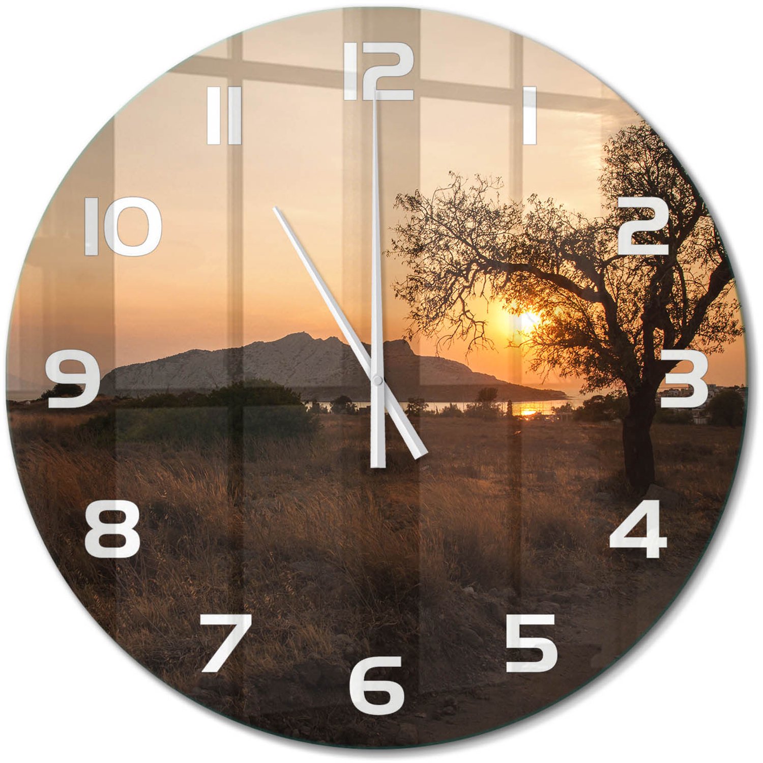 TULUP Wandklok - Zonsondergang Glazen Klok Met Print - fi60 cm - Bruin Wandklok Glas Met Motief - Witte handen - Ronde Klok - Wandklok Glas Decoratie - Gekleurde Glazen Klok