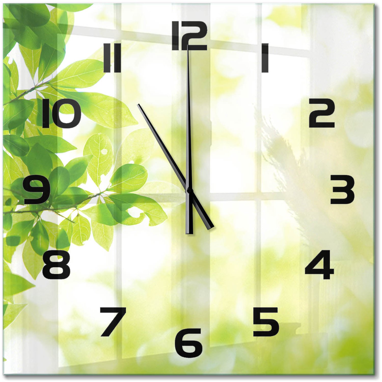 TULUP Wandklok - Bladeren Moderne Wandklok Glas - 60x60 cm - Groente Wandklok Glas Decoratie - Zwarte handen - Vierkante Klok - Glazen Wandklok Design - Klok Glas Met Opdruk