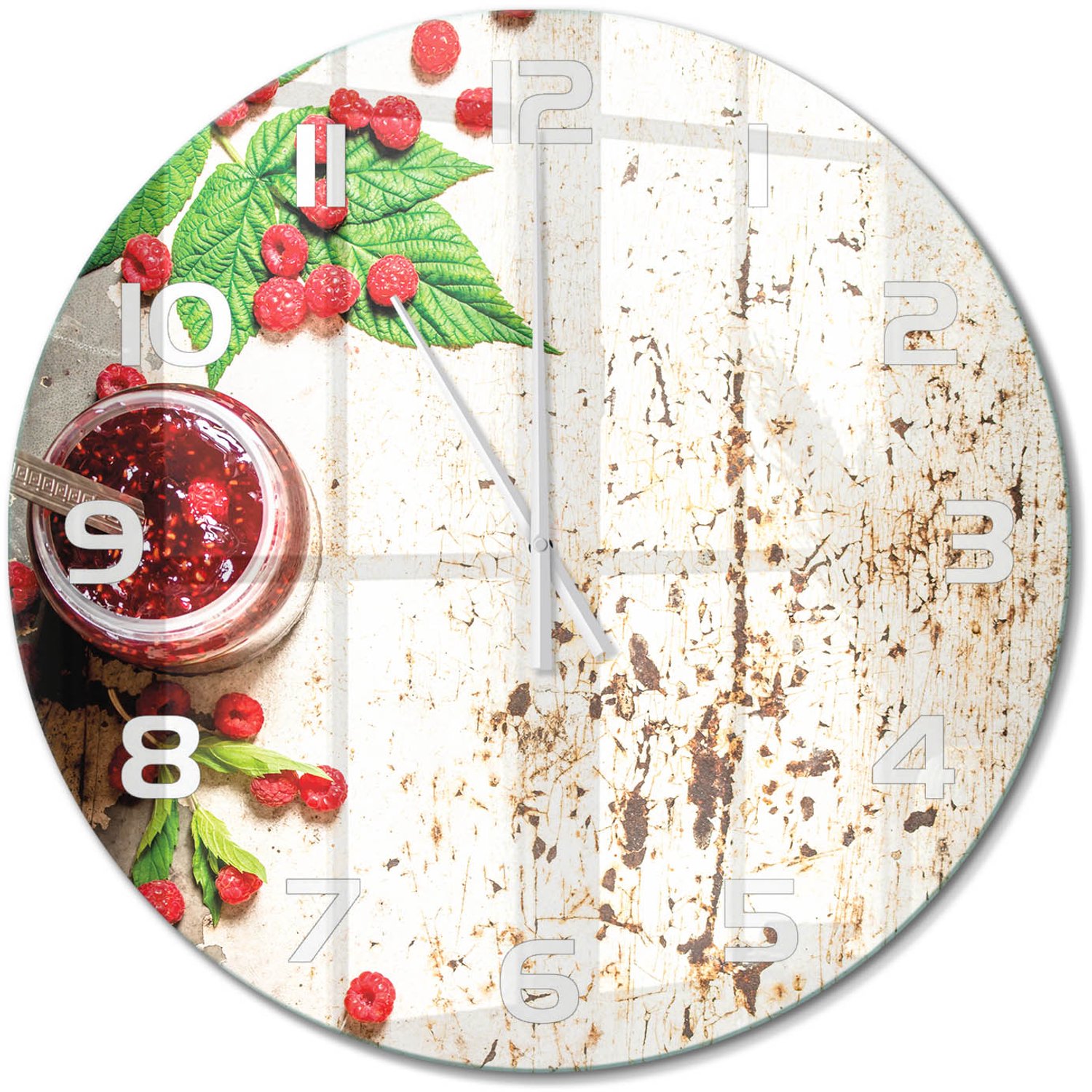 TULUP Wandklok - Frambozenjam Klok Glas Met Opdruk - fi60 cm - Rood Moderne Wandklok Glas - Witte handen - Ronde Klok - Decoratieve Glazen Klok - Glazen Wandklok Design