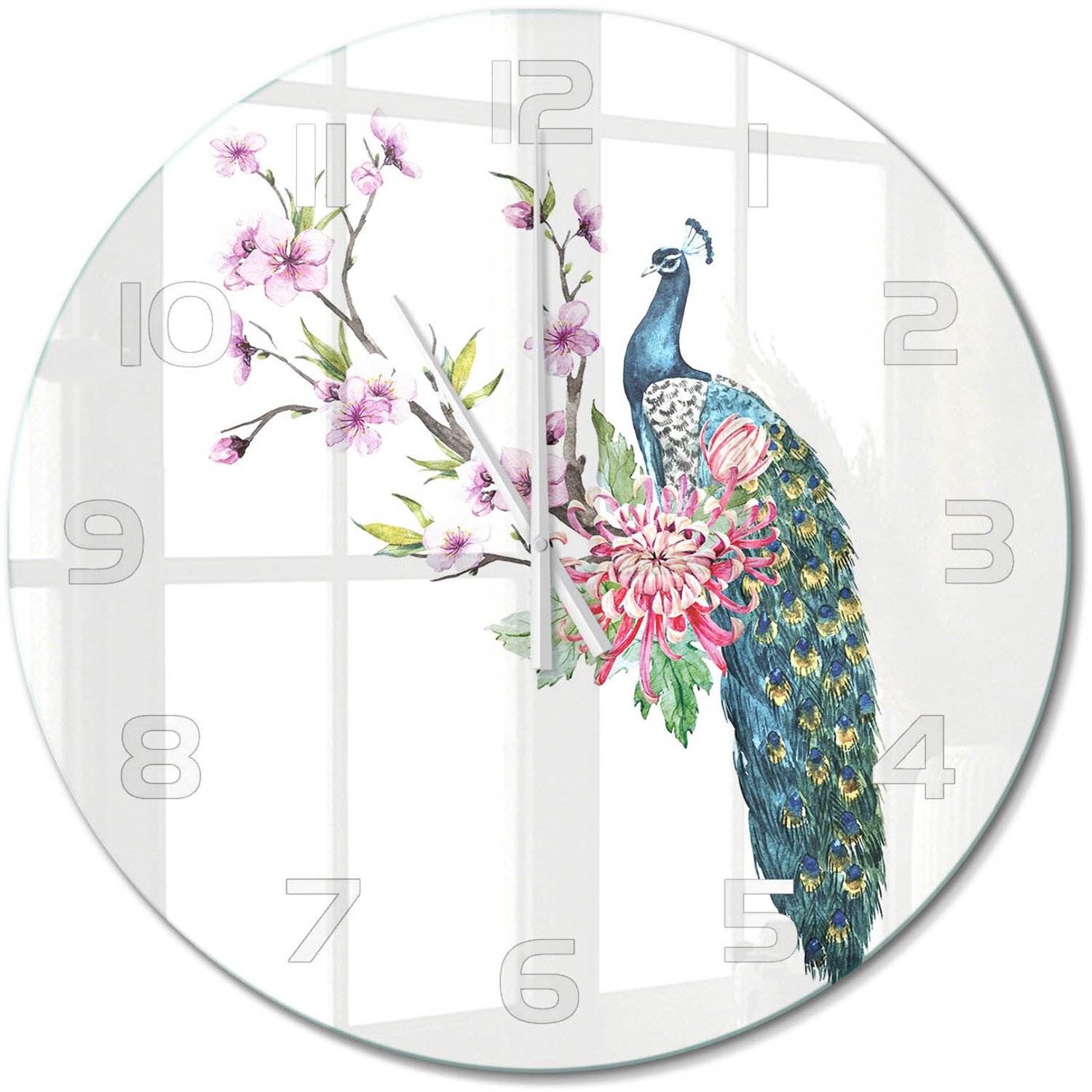 TULUP Wandklok - Pauw en bloemen Decoratieve Glazen Klok - fi60 cm - Veelkleurig Glazen Wandklok Design - Witte handen - Ronde Klok - Glazen Klok Met Print - Wandklok Glas Met Motief
