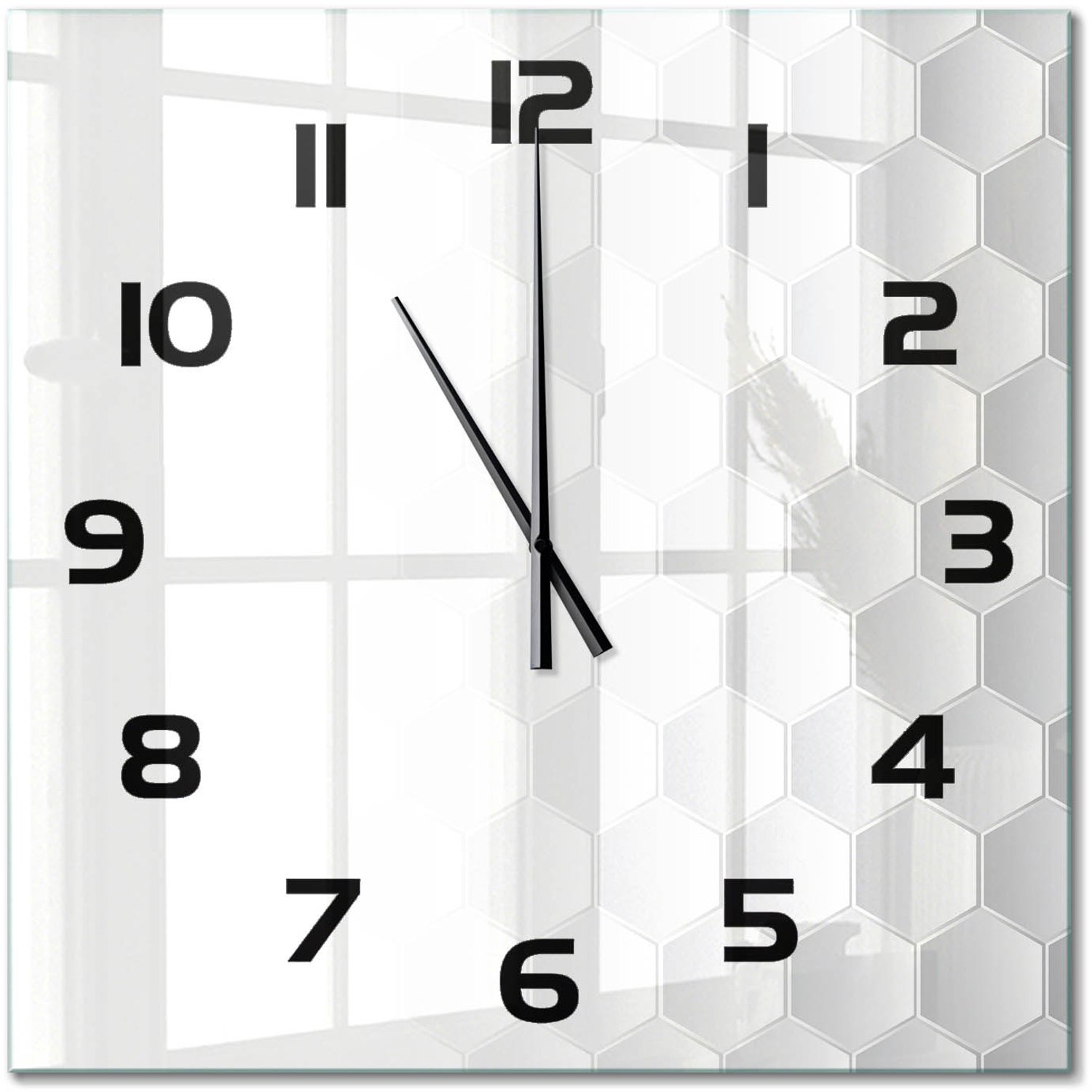 TULUP Wandklok - Zeshoekige achtergrond Glazen Klok Met Print - 60x60 cm - Wit Wandklok Glas Met Motief - Zwarte handen - Vierkante Klok - Wandklok Glas Decoratie - Gekleurde Glazen Klok