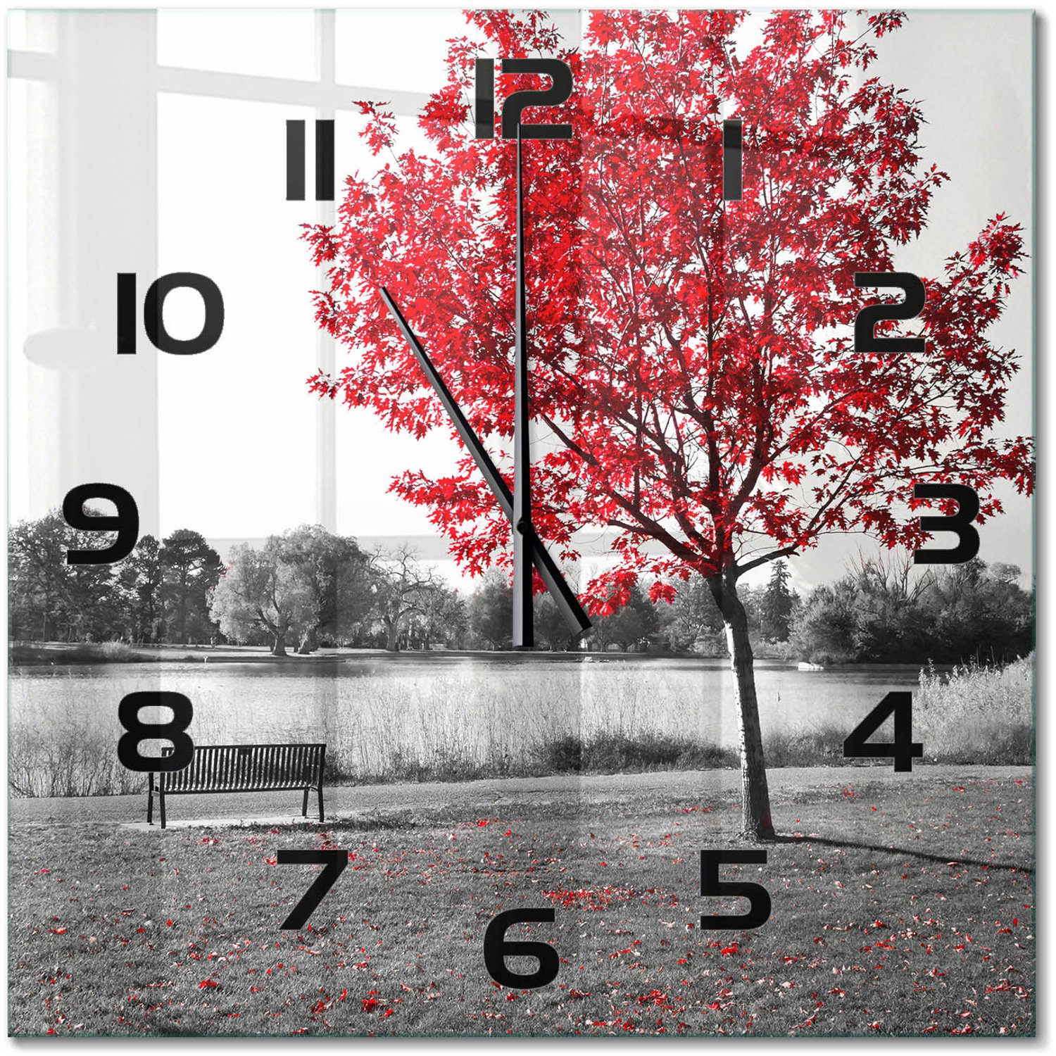 TULUP Wandklok - Rode boom Glazen Klok Met Print - 60x60 cm - Rood Wandklok Glas Met Motief - Zwarte handen - Vierkante Klok - Wandklok Glas Decoratie - Gekleurde Glazen Klok