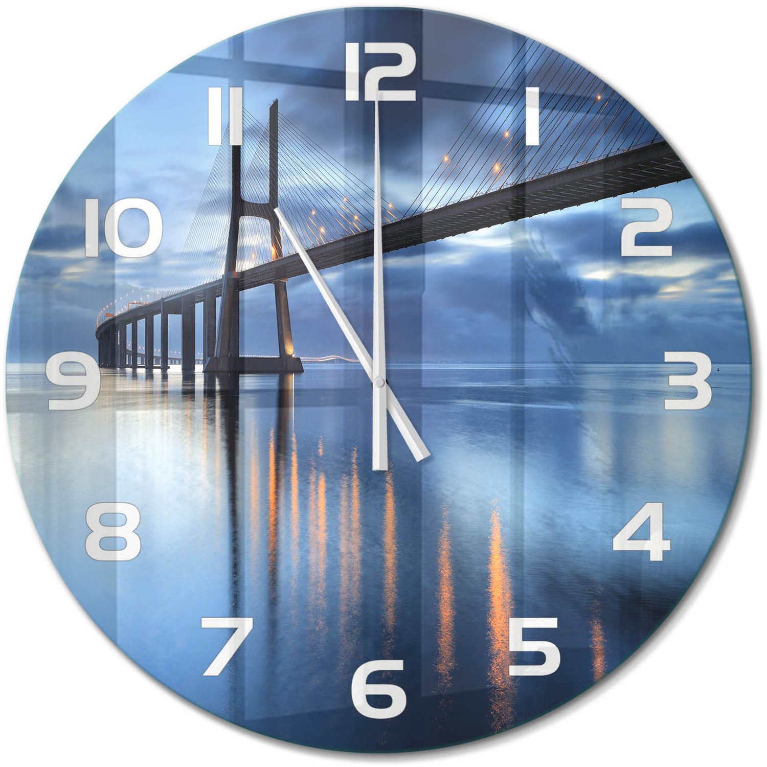 TULUP Wandklok - Verlichte Brug Glazen Wandklok Design - fi60 cm - Blauw Klok Glas Met Opdruk - Witte handen - Ronde Klok - Wandklok Glas Met Motief - Decoratieve Glazen Klok