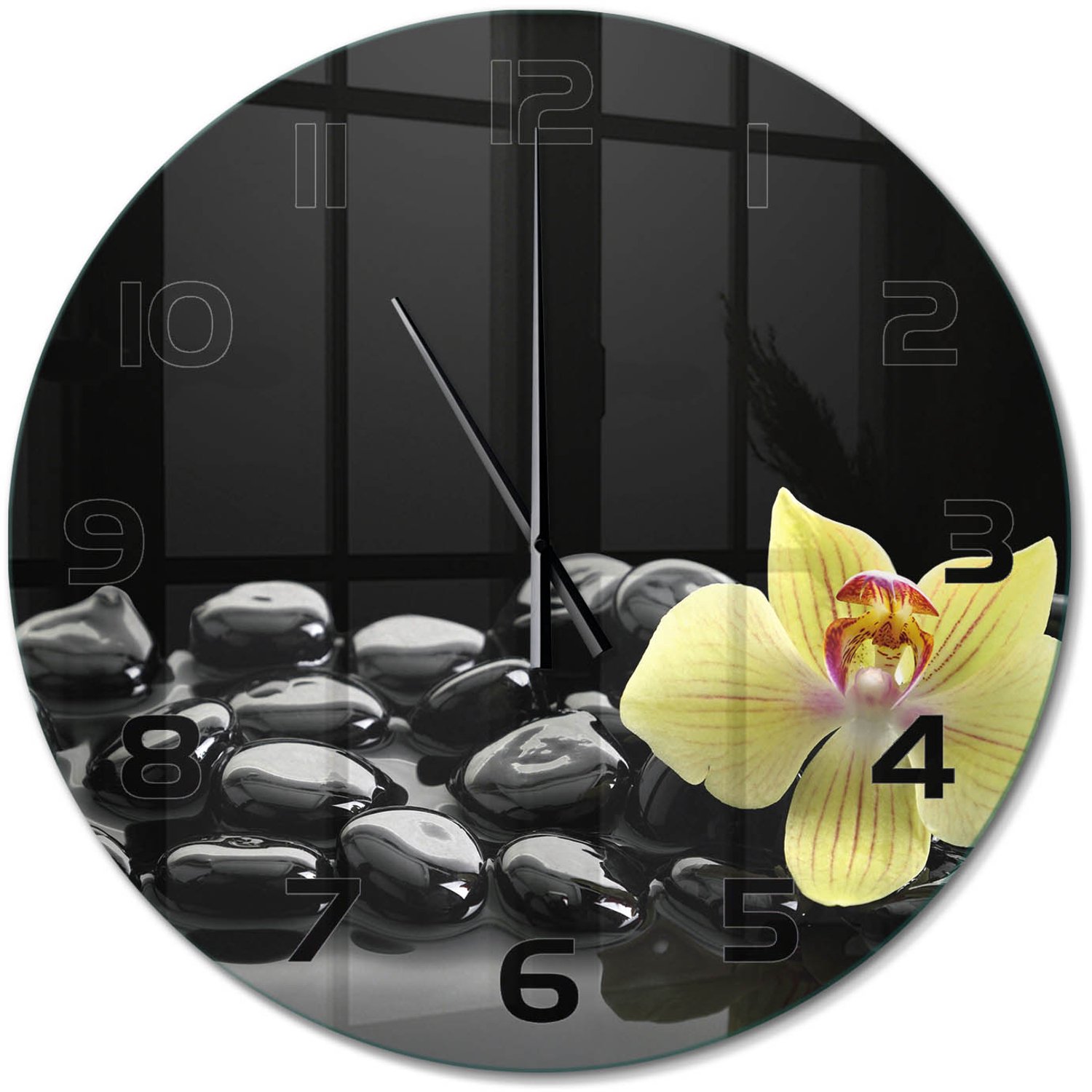 TULUP Wandklok - Orchidee Glazen Klok Met Print - fi60 cm - Zwart Wandklok Glas Met Motief - Zwarte handen - Ronde Klok - Wandklok Glas Decoratie - Gekleurde Glazen Klok