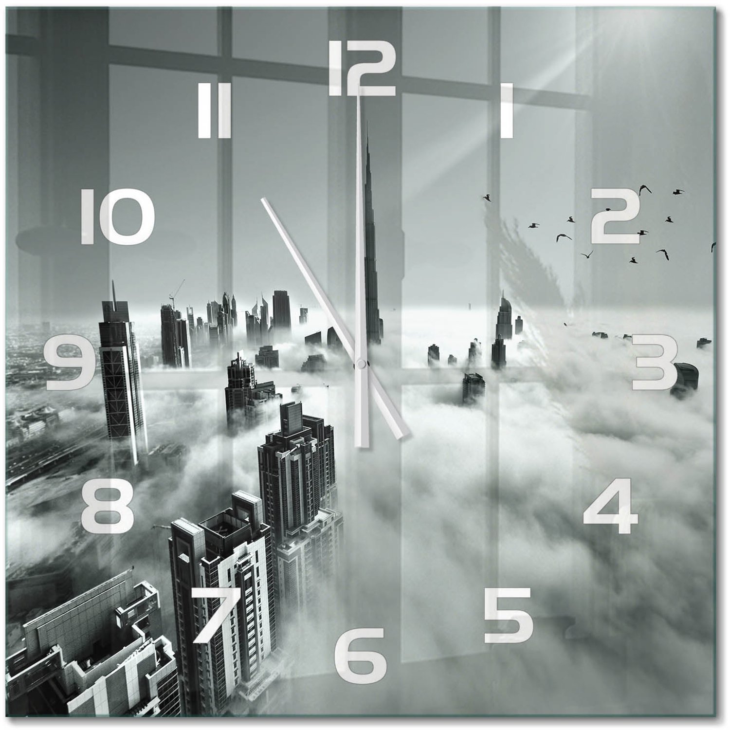 TULUP Wandklok - Mist boven Dubai Glazen Wandklok Design - 60x60 cm - Zwart-wit Klok Glas Met Opdruk - Witte handen - Vierkante Klok - Wandklok Glas Met Motief - Decoratieve Glazen Klok