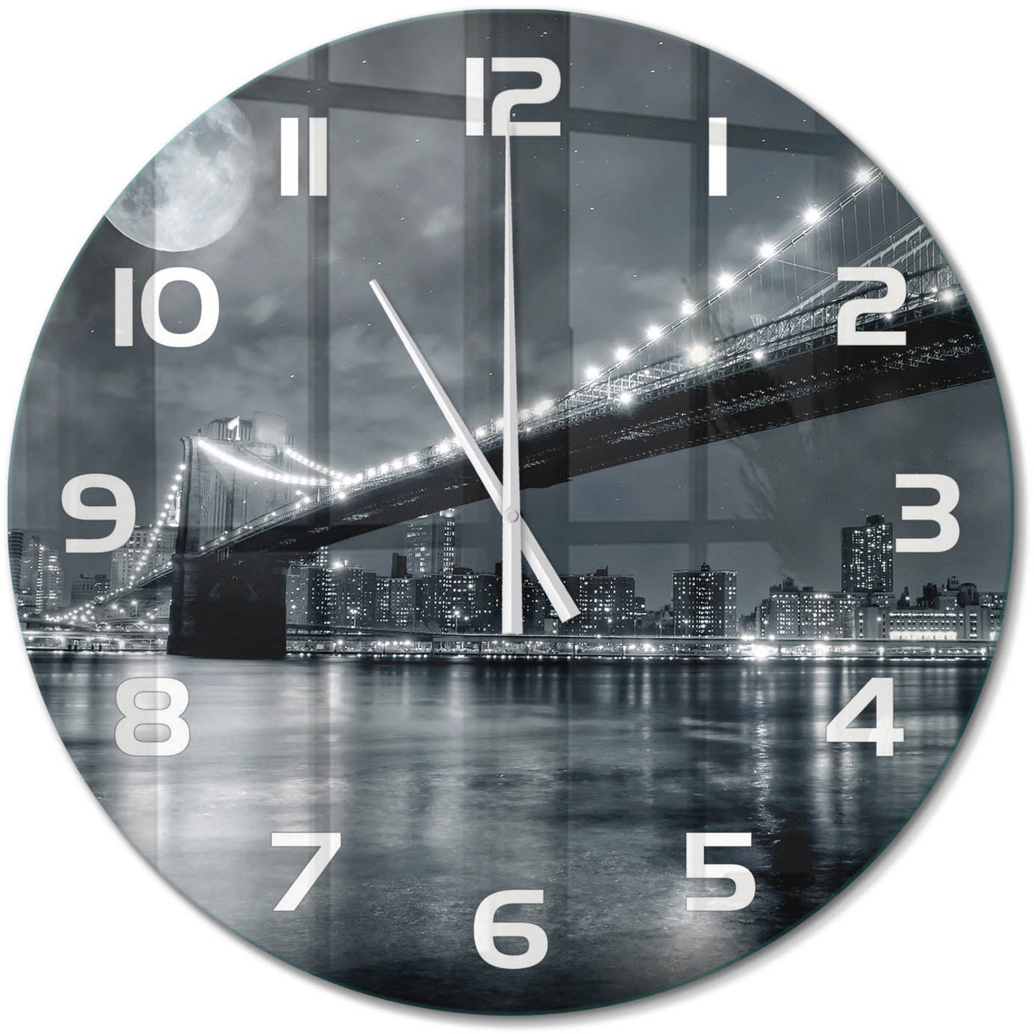 TULUP Wandklok - Brooklynbrug Glazen Wandklok Design - fi60 cm - Zwart-wit Klok Glas Met Opdruk - Witte handen - Ronde Klok - Wandklok Glas Met Motief - Decoratieve Glazen Klok
