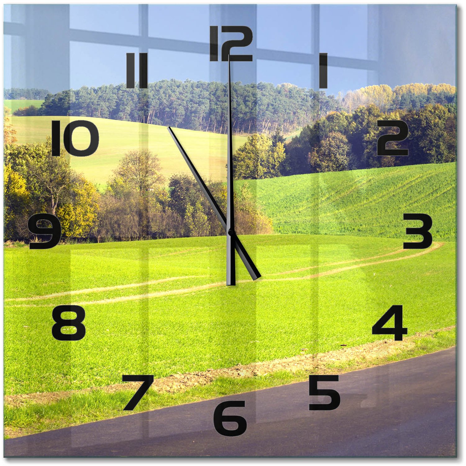TULUP Wandklok - Onverharde weg Moderne Wandklok Glas - 60x60 cm - Groente Wandklok Glas Decoratie - Zwarte handen - Vierkante Klok - Glazen Wandklok Design - Klok Glas Met Opdruk