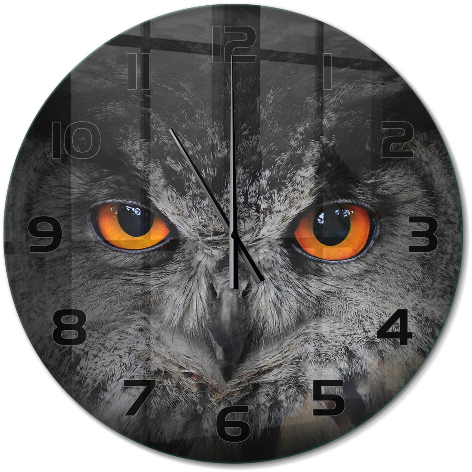 TULUP Wandklok - Uil Decoratieve Glazen Klok - fi60 cm - Oranje Glazen Wandklok Design - Zwarte handen - Ronde Klok - Glazen Klok Met Print - Wandklok Glas Met Motief