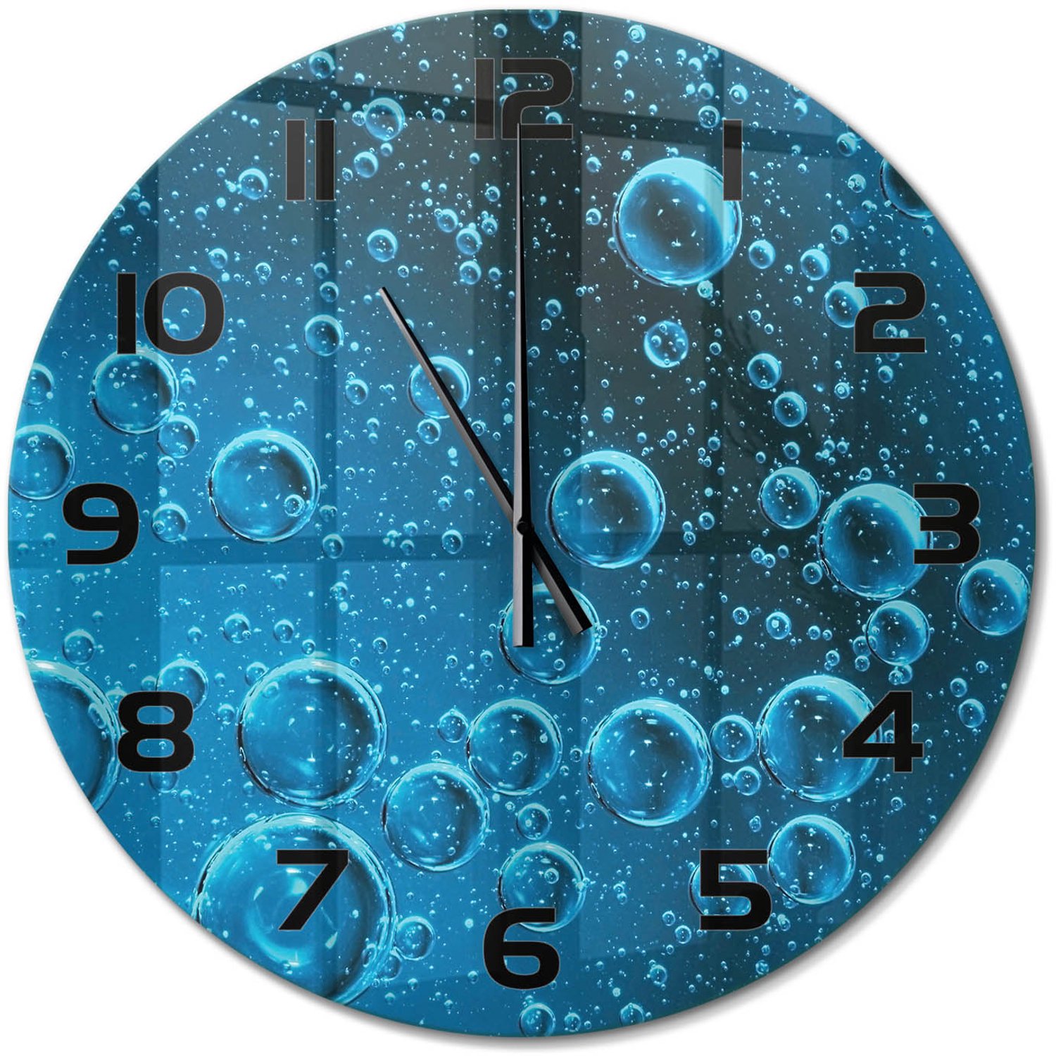TULUP Wandklok - Onderwaterbellen Wandklok Glas Decoratie - fi60 cm - Blauw Gekleurde Glazen Klok - Zwarte handen - Ronde Klok - Klok Glas Met Opdruk - Moderne Wandklok Glas